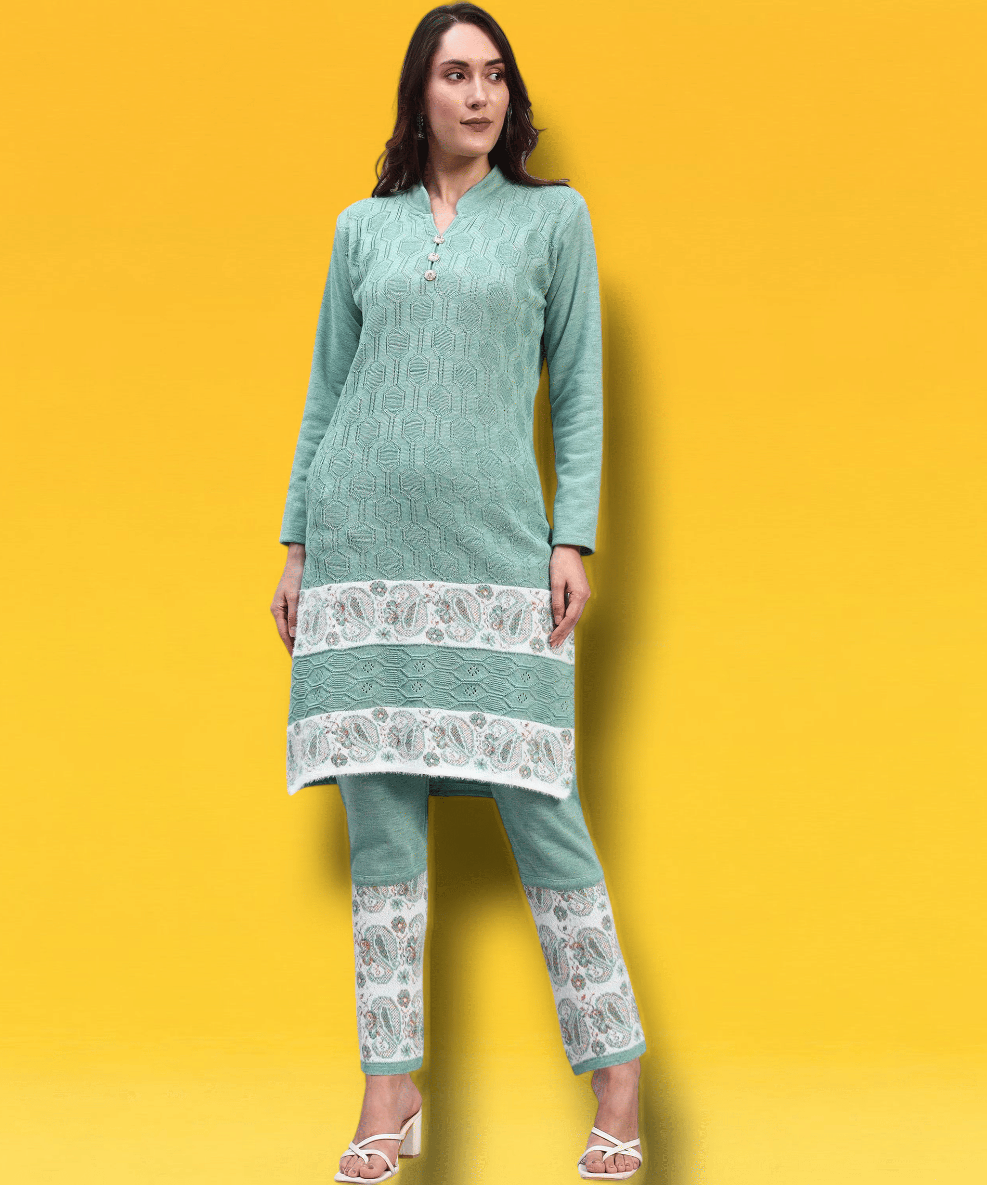 DRESSBASE Women Woollen Self Design Straight Kurti With Palazzo ( Green )     			DRESSBASE Women Woollen Self Design Straight Kurti With Palazzo ( Green )