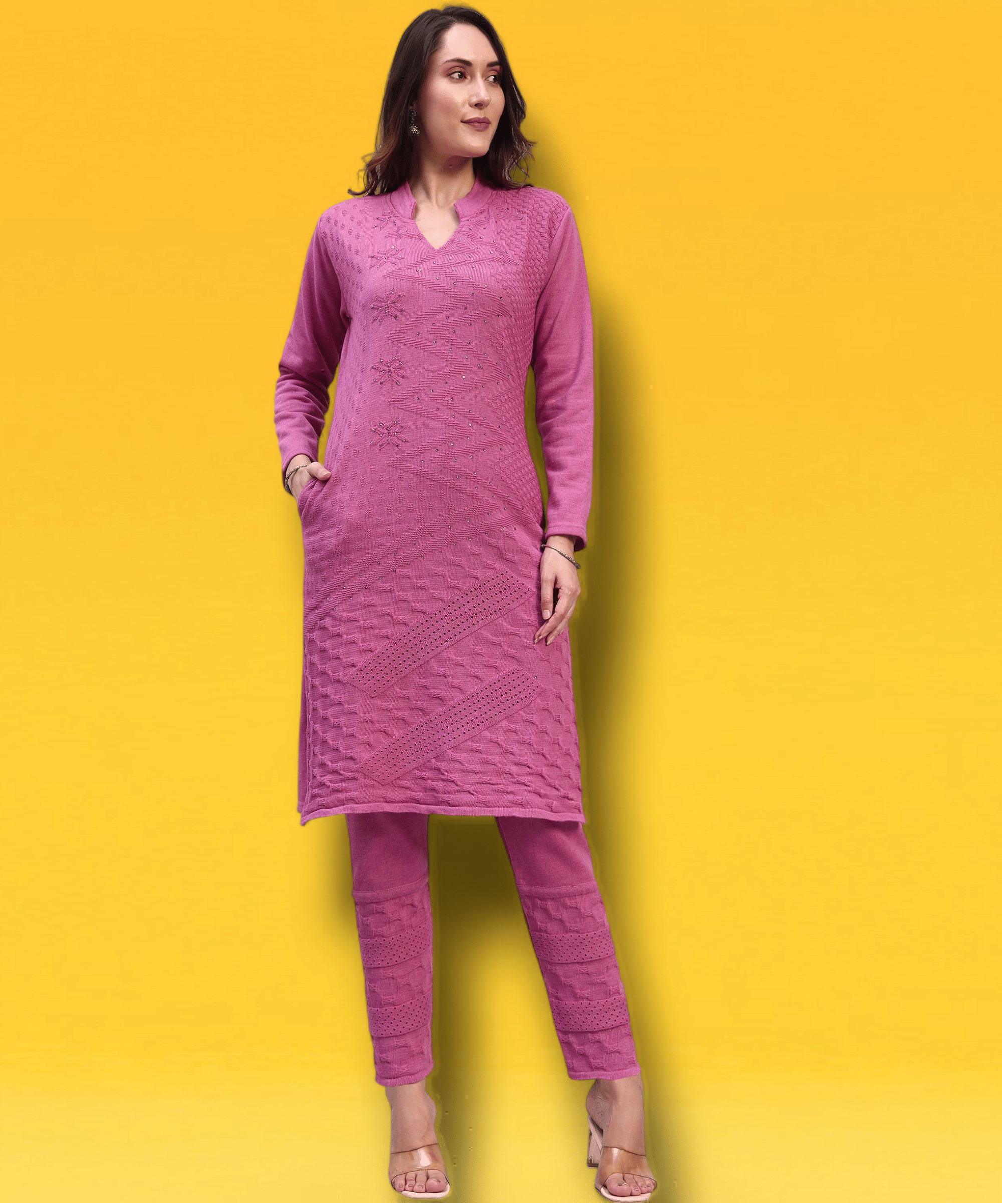DRESSBASE Women Woollen Self Design Straight Kurti With Palazzo ( Magenta )     			DRESSBASE Women Woollen Self Design Straight Kurti With Palazzo ( Magenta )