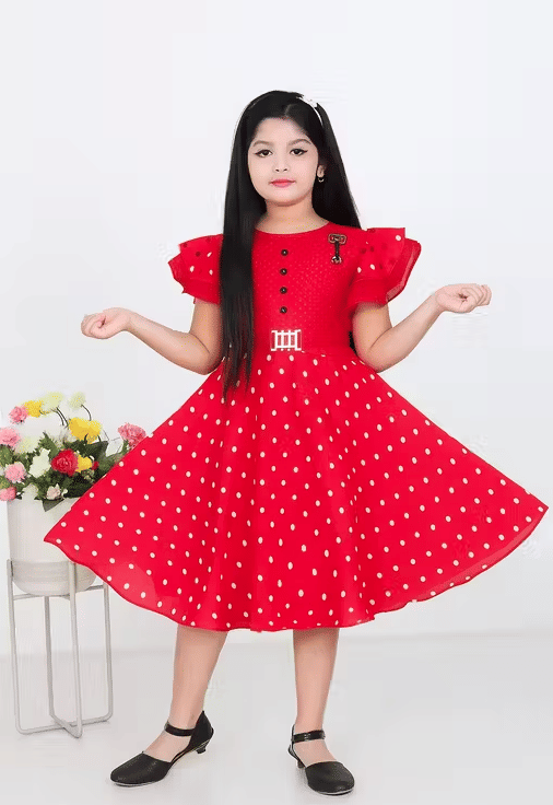 DS DRESSES Cotton Blend Frock For Girls ( Pack of 1 , Red )