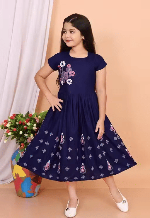 DS DRESSES Cotton Blend Frock For Girls ( Pack of 1 , Blue )