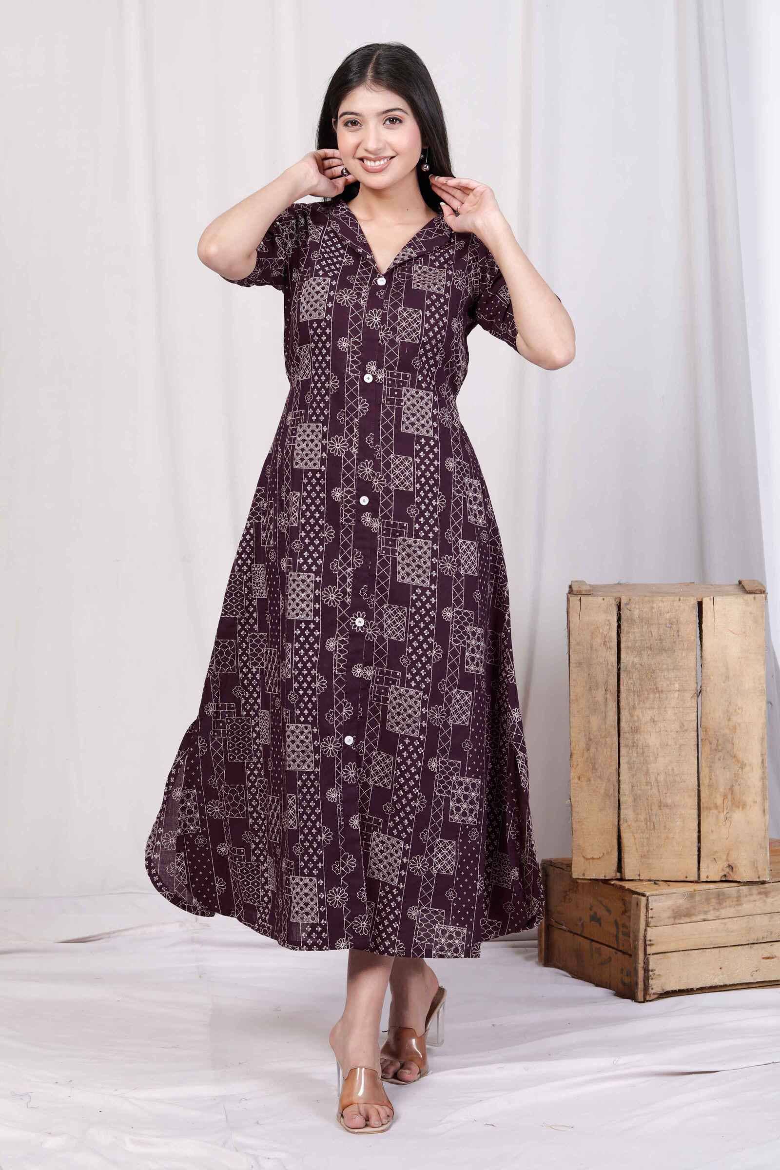 Doriyaan Women Cotton Printed A-line Dress ( Maroon )