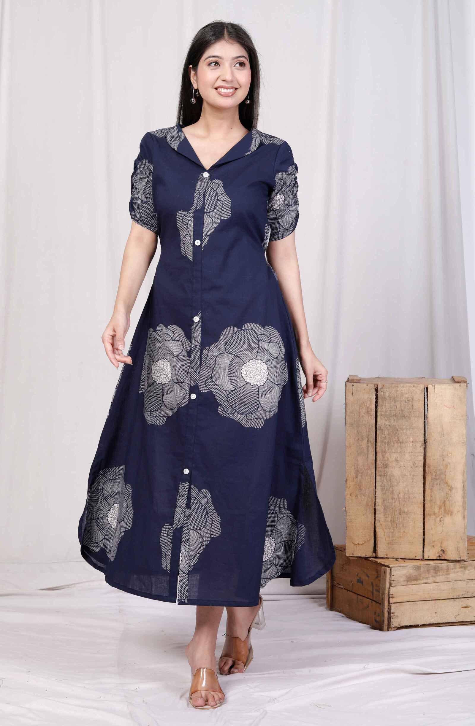 Doriyaan Women Cotton Printed A-line Dress ( Blue )
