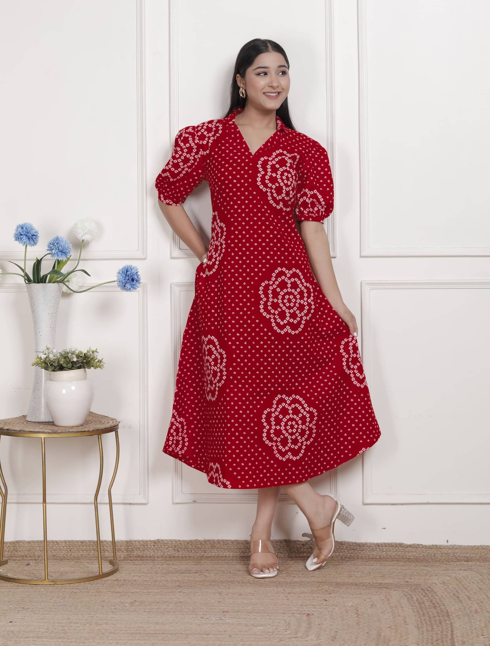 Doriyaan Women Cotton Printed A-line Dress ( Red )     			Doriyaan Women Cotton Printed A-line Dress ( Red )