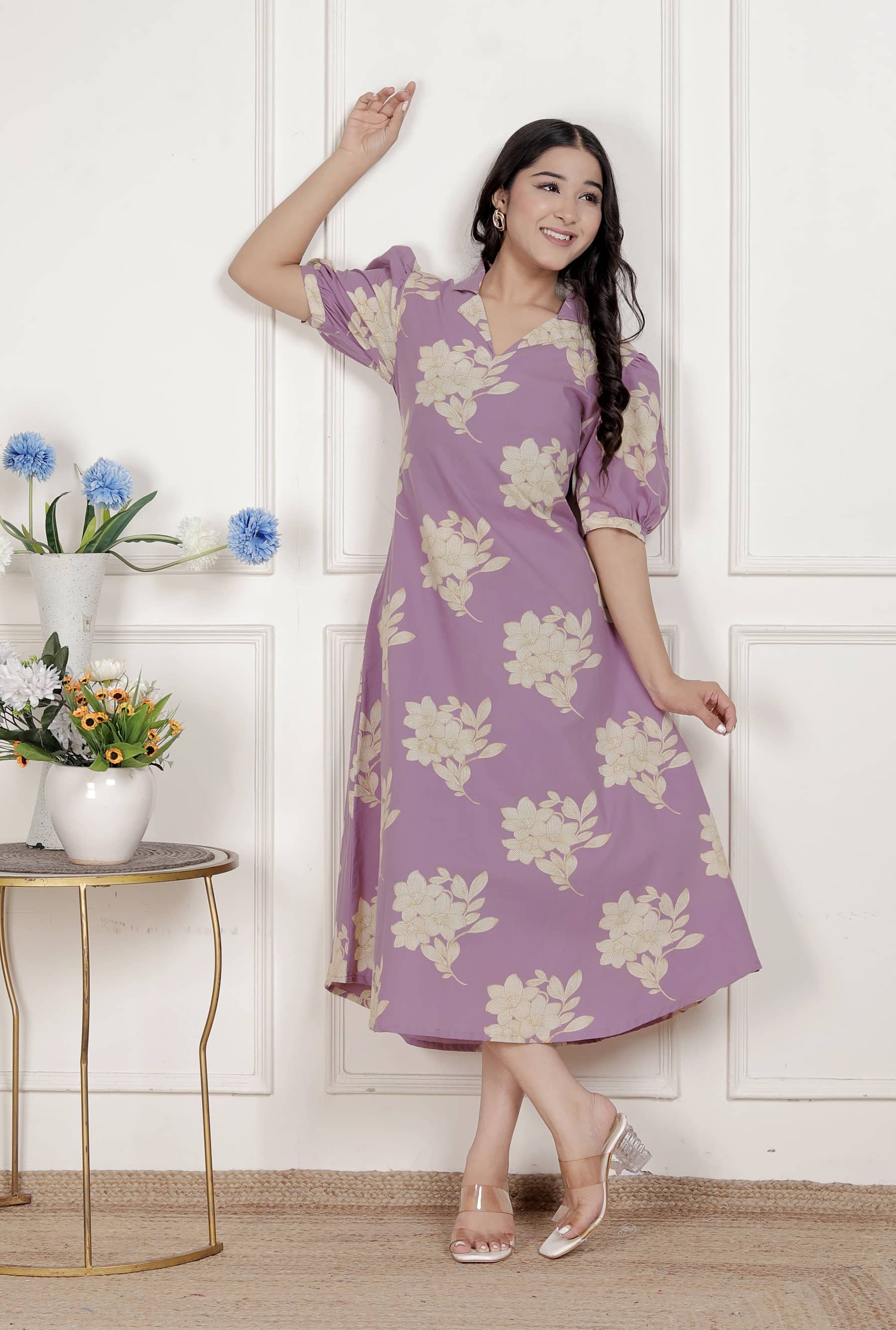 Doriyaan Women Cotton Printed A-line Dress ( Lavender )