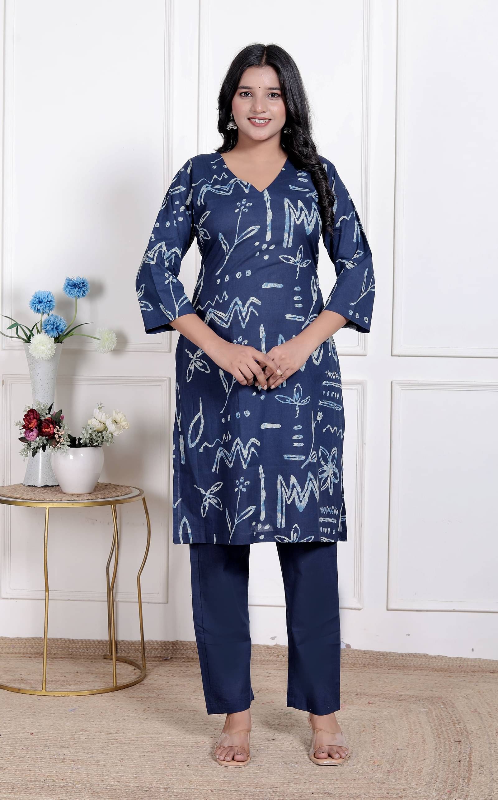     			Doriyaan Women Cotton Printed Straight Kurti With Palazzo ( Blue )