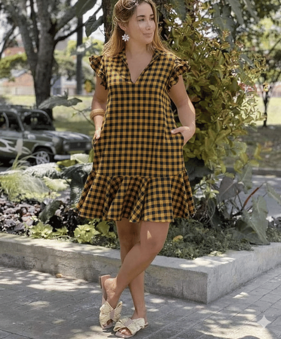     			Elizy Women Cotton Checks Drop Waist Dress ( Mustard )