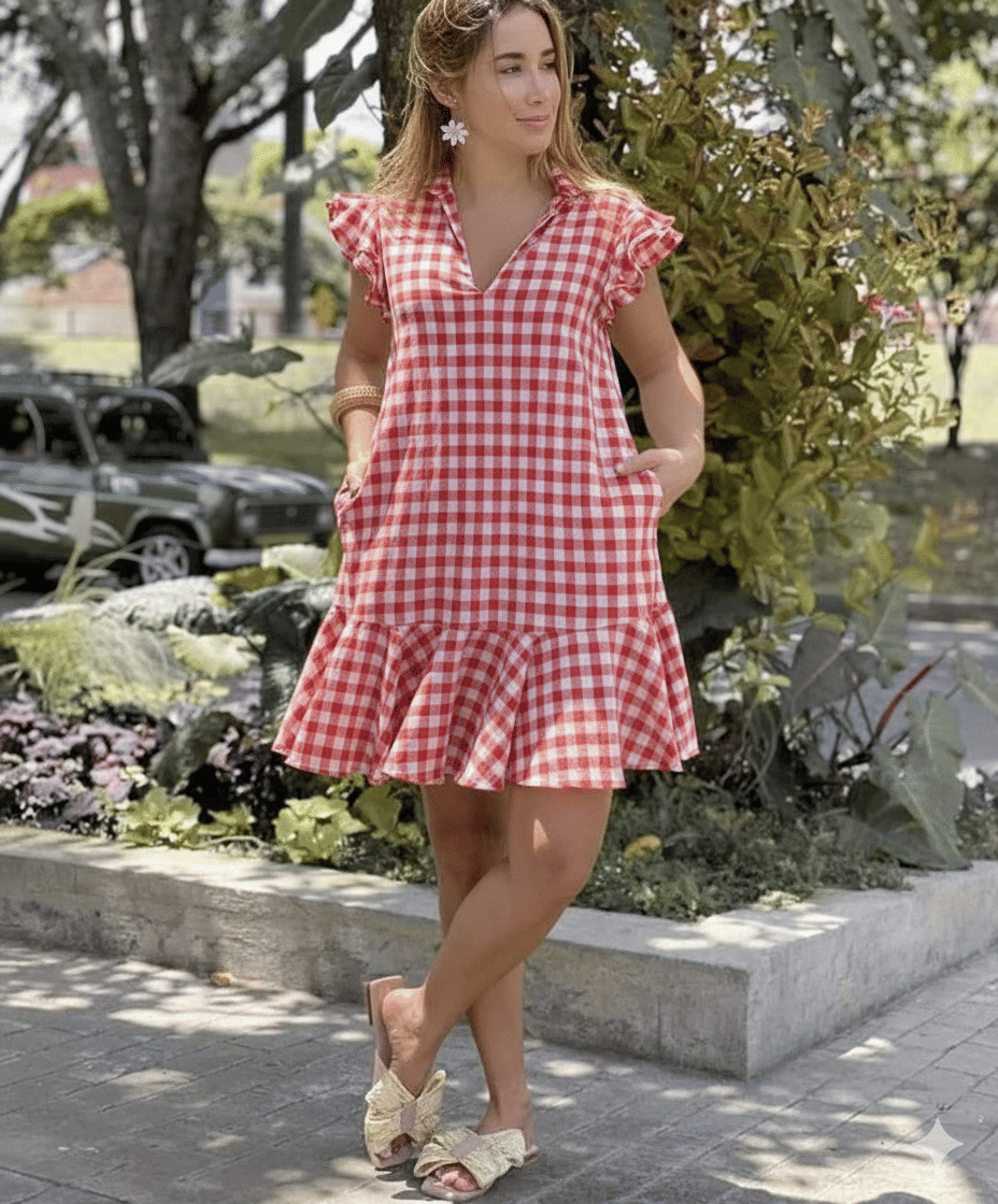     			Elizy Women Cotton Checks Drop Waist Dress ( Red )