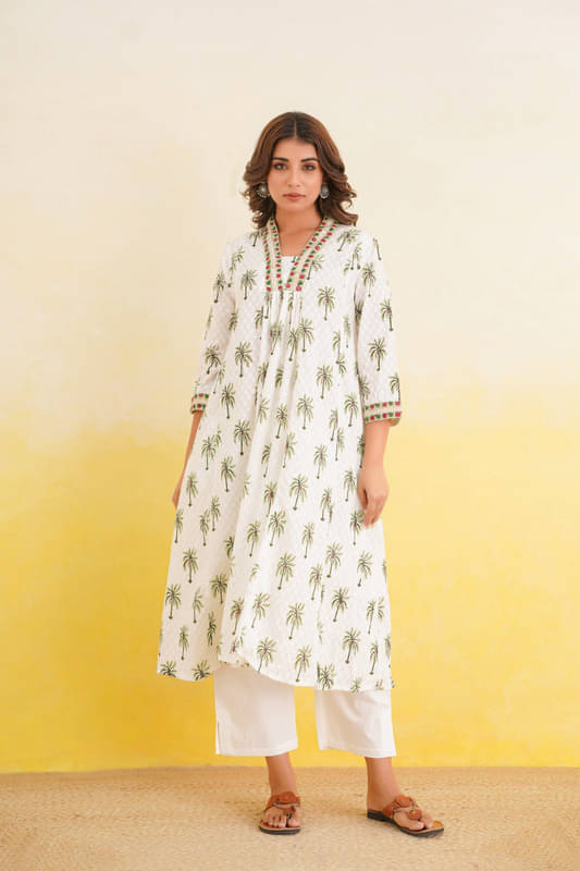 Goodhand Women Cotton Printed Fit & Flare Dress ( White )     			Goodhand Women Cotton Printed Fit & Flare Dress ( White )