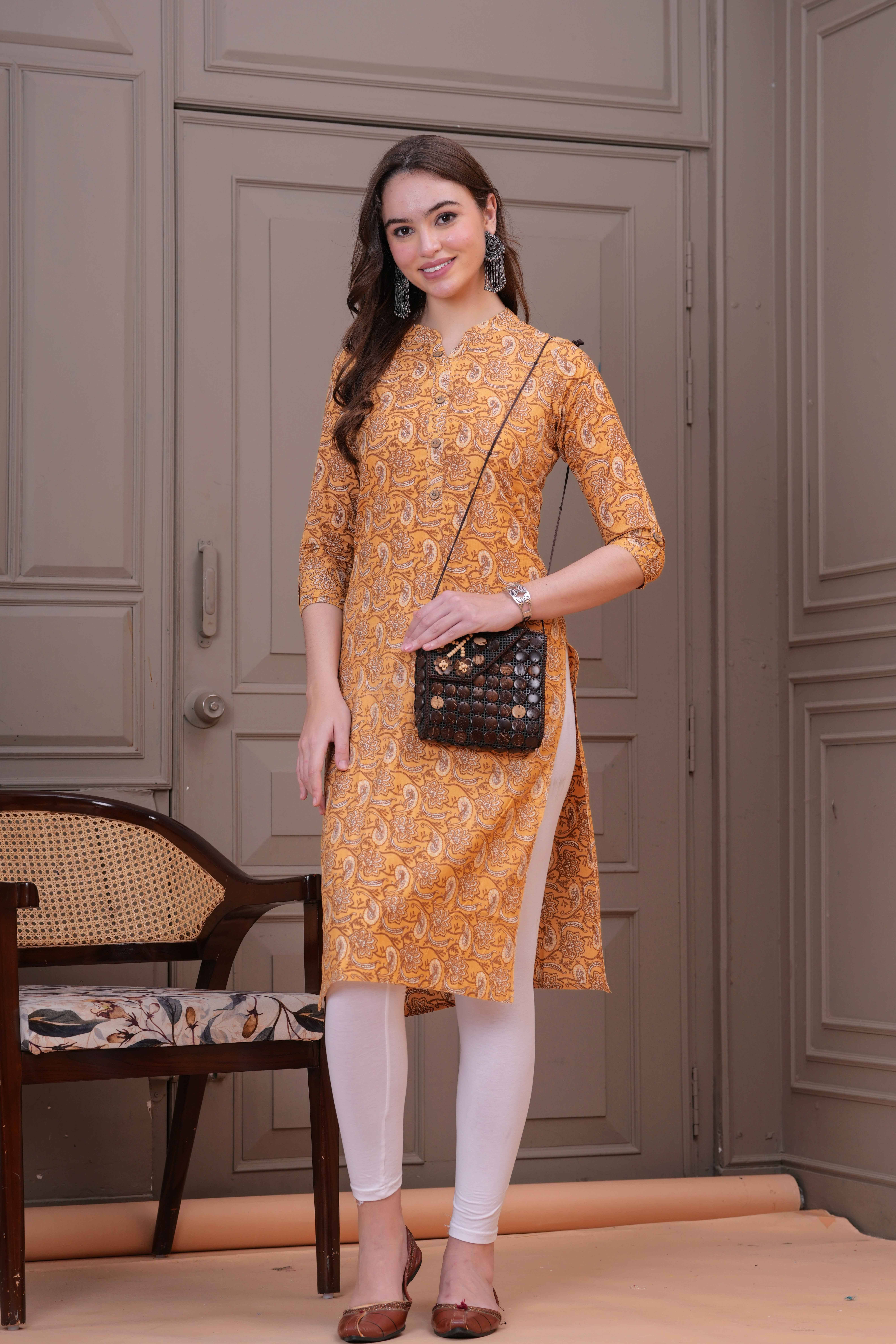     			HIGHLIGHT FASHION EXPORT Women Cotton Printed Straight Kurti ( Yellow )