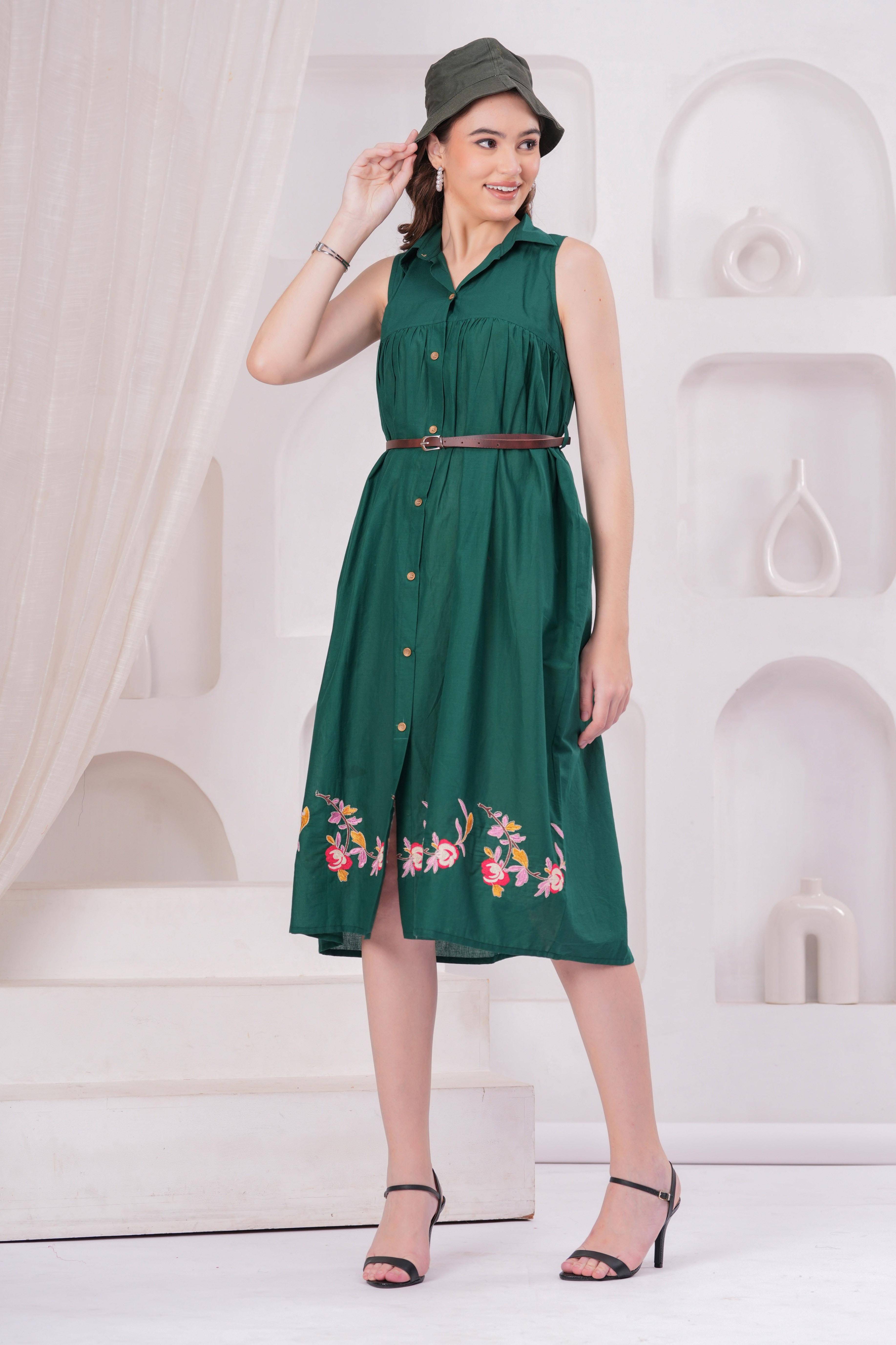 HIGHLIGHT FASHION EXPORT Women Cotton Blend Solid A-line Dress ( Green )     			HIGHLIGHT FASHION EXPORT Women Cotton Blend Solid A-line Dress ( Green )