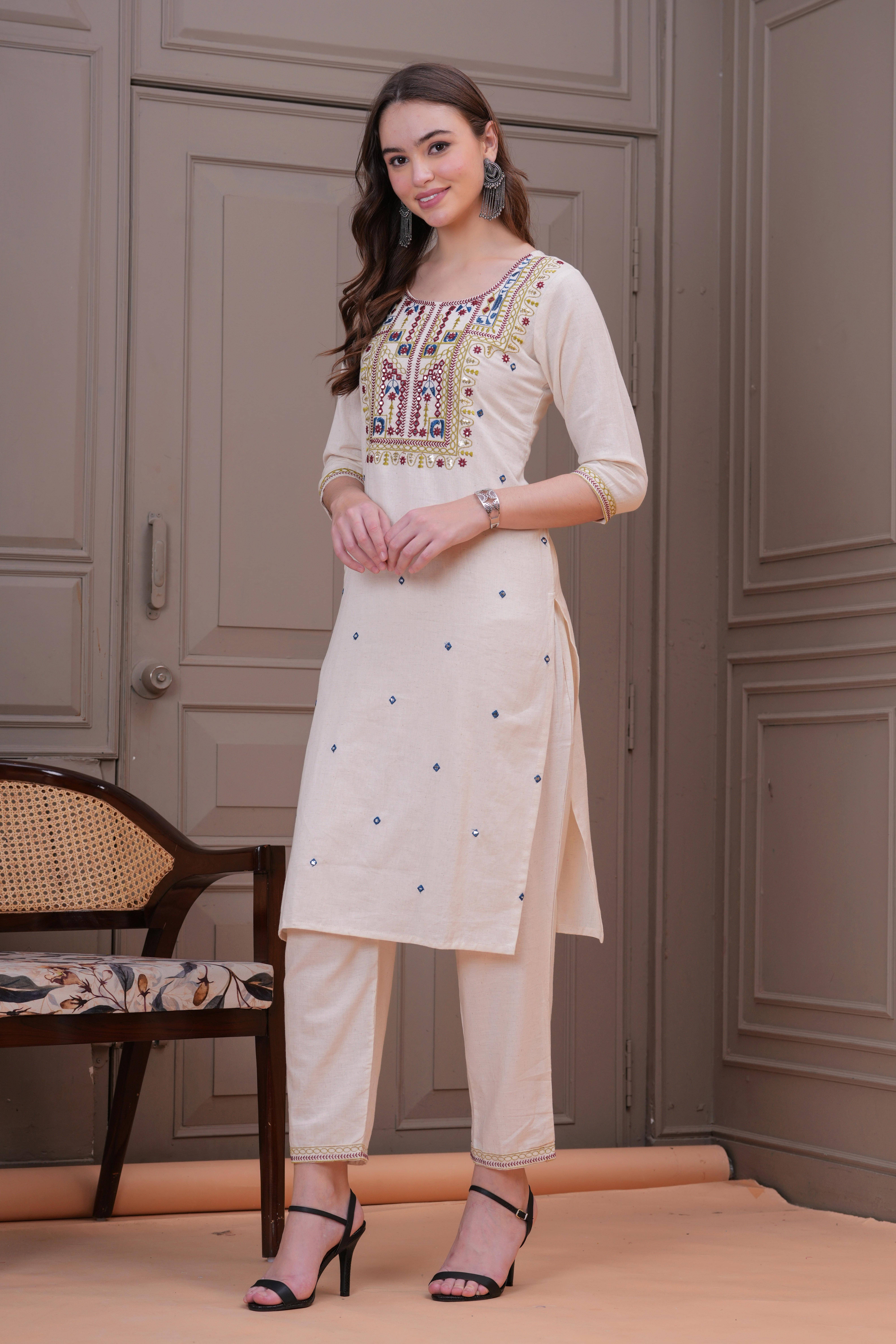 HIGHLIGHT FASHION EXPORT Women Cotton Solid Straight Kurti With Pants ( White )     			HIGHLIGHT FASHION EXPORT Women Cotton Solid Straight Kurti With Pants ( White )