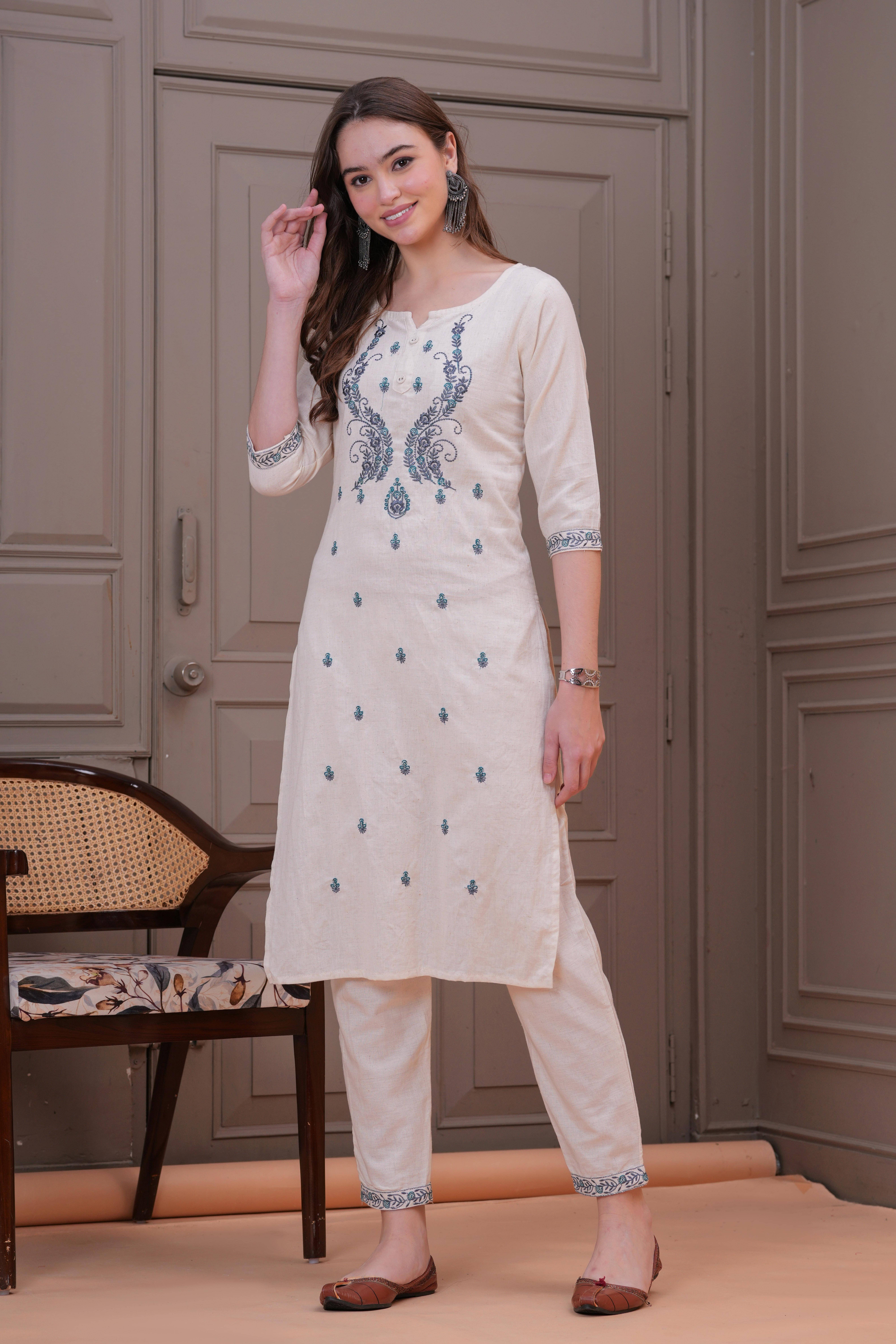 HIGHLIGHT FASHION EXPORT Women Cotton Solid Straight Kurti With Pants ( White )     			HIGHLIGHT FASHION EXPORT Women Cotton Solid Straight Kurti With Pants ( White )