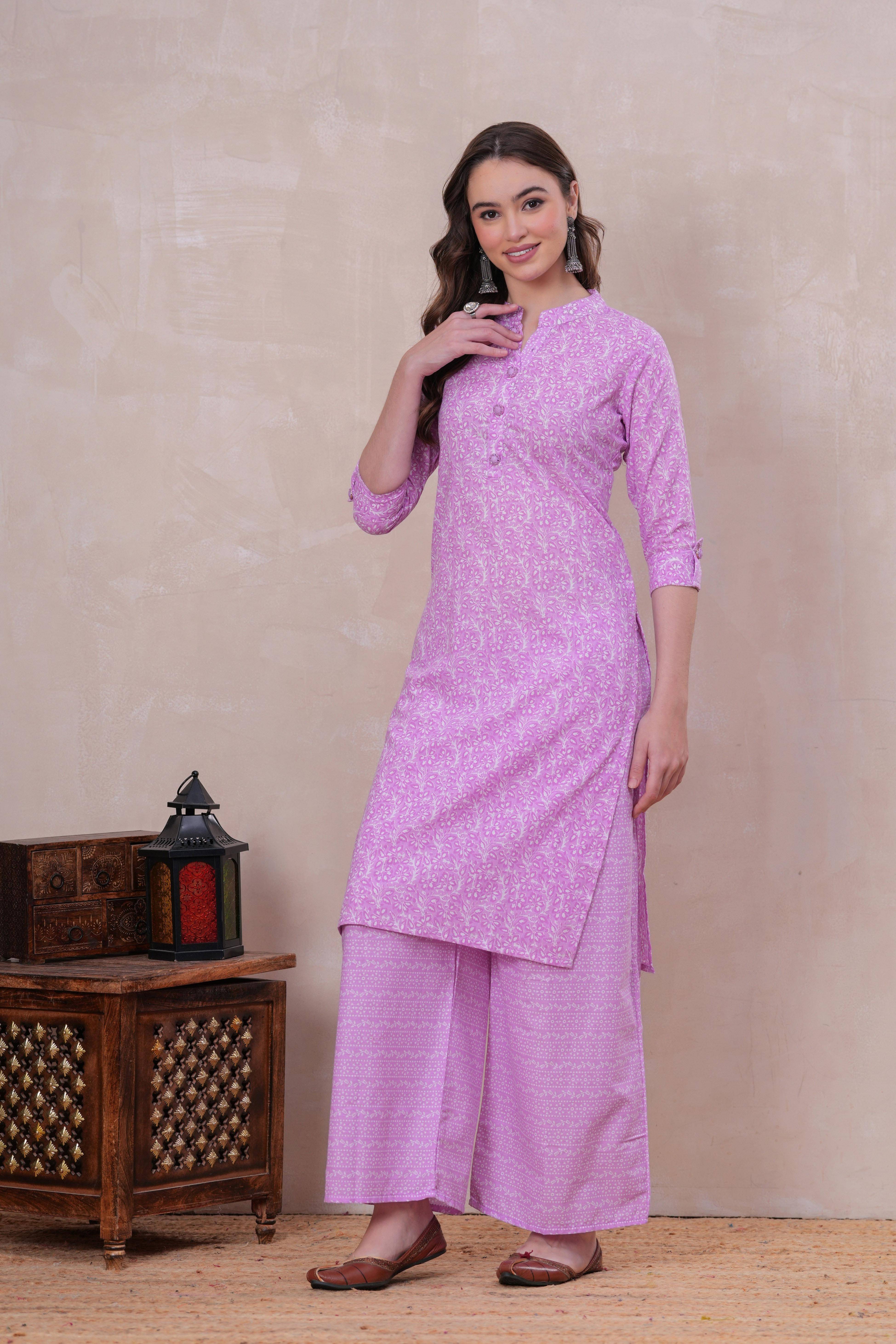 HIGHLIGHT FASHION EXPORT Women Cotton Printed Straight Kurti With Palazzo ( Purple )     			HIGHLIGHT FASHION EXPORT Women Cotton Printed Straight Kurti With Palazzo ( Purple )