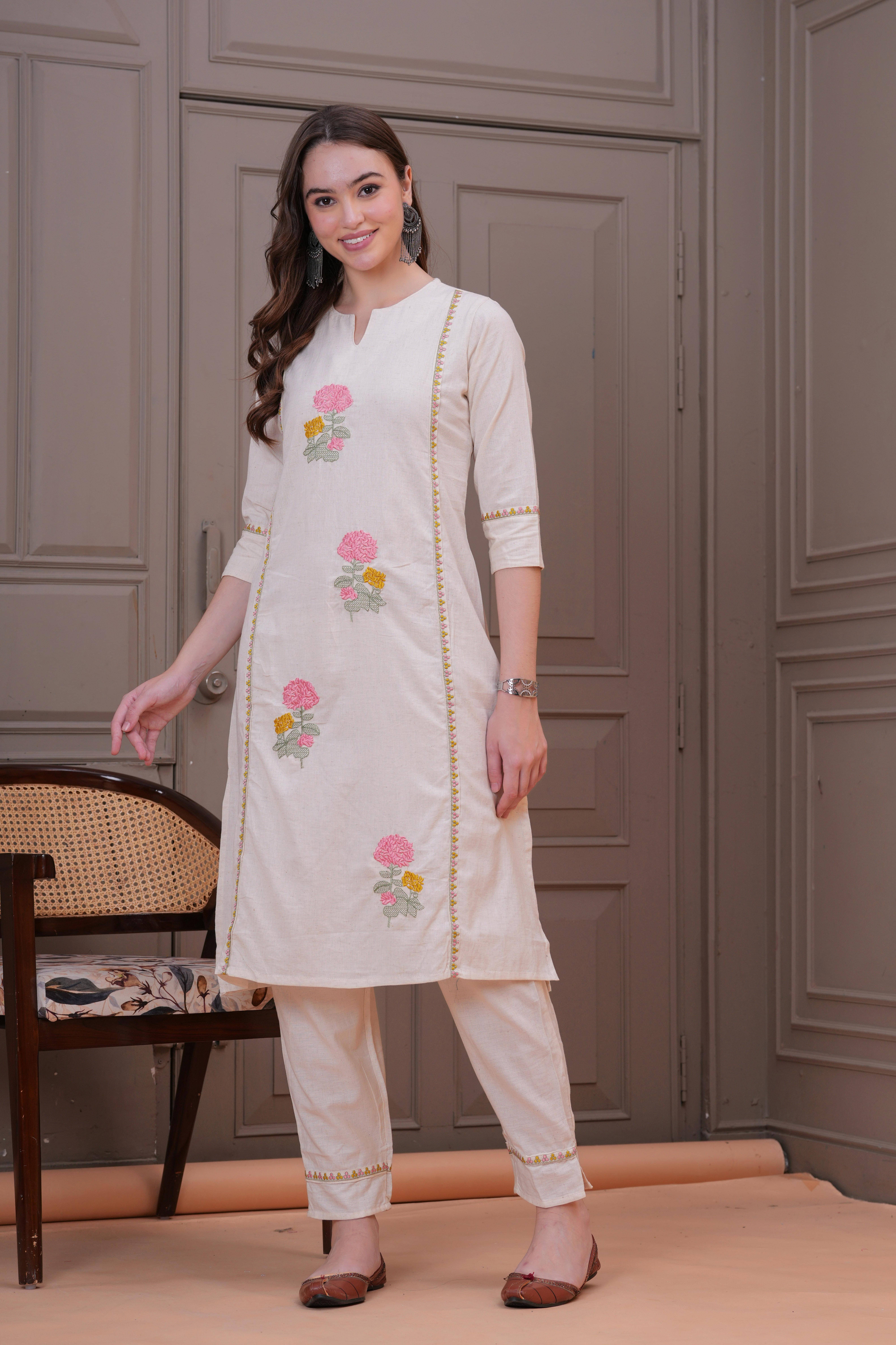 HIGHLIGHT FASHION EXPORT Women Cotton Solid Straight Kurti With Pants ( White )     			HIGHLIGHT FASHION EXPORT Women Cotton Solid Straight Kurti With Pants ( White )