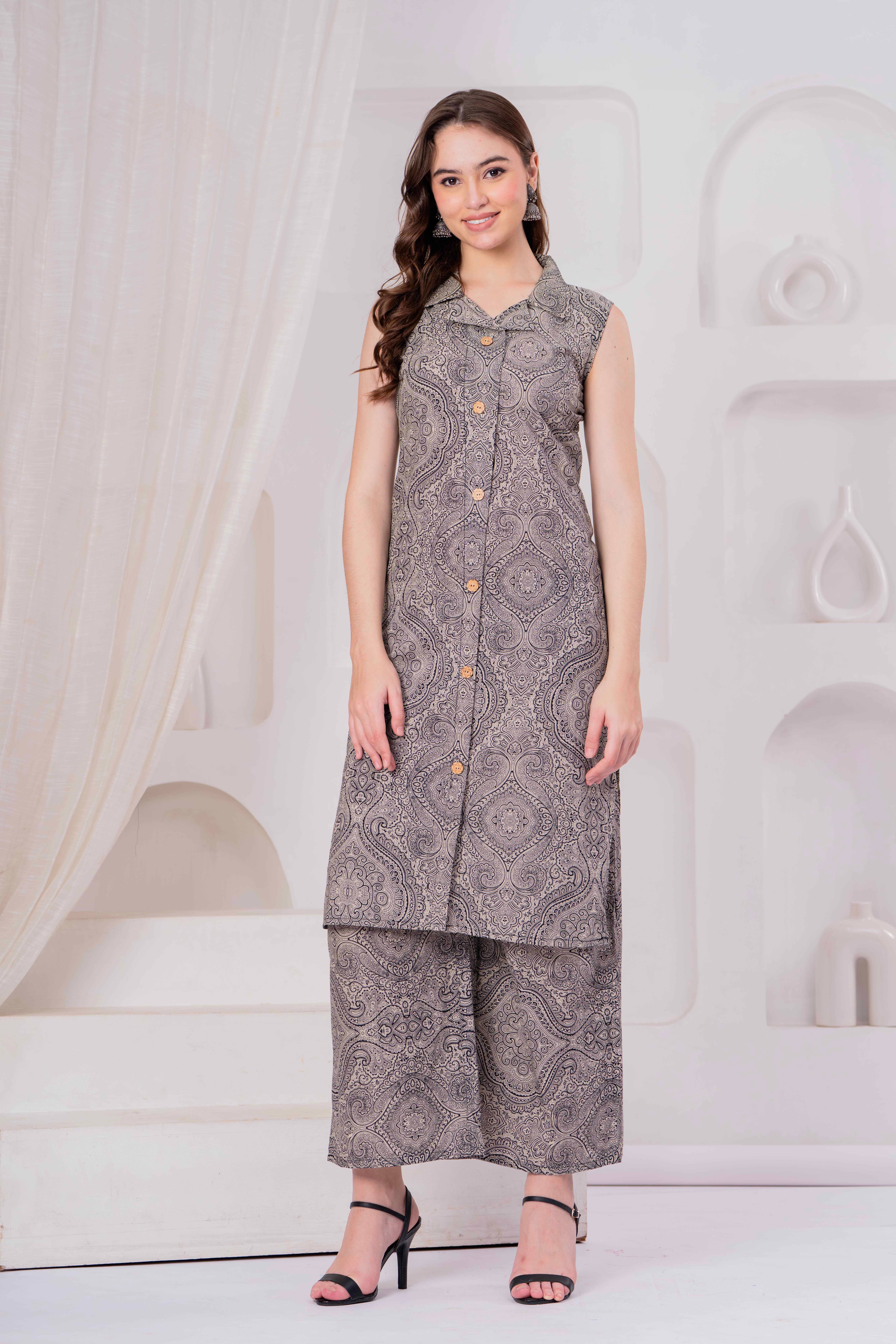 HIGHLIGHT FASHION EXPORT Women Cotton Printed Straight Kurti With Palazzo ( Grey )     			HIGHLIGHT FASHION EXPORT Women Cotton Printed Straight Kurti With Palazzo ( Grey )