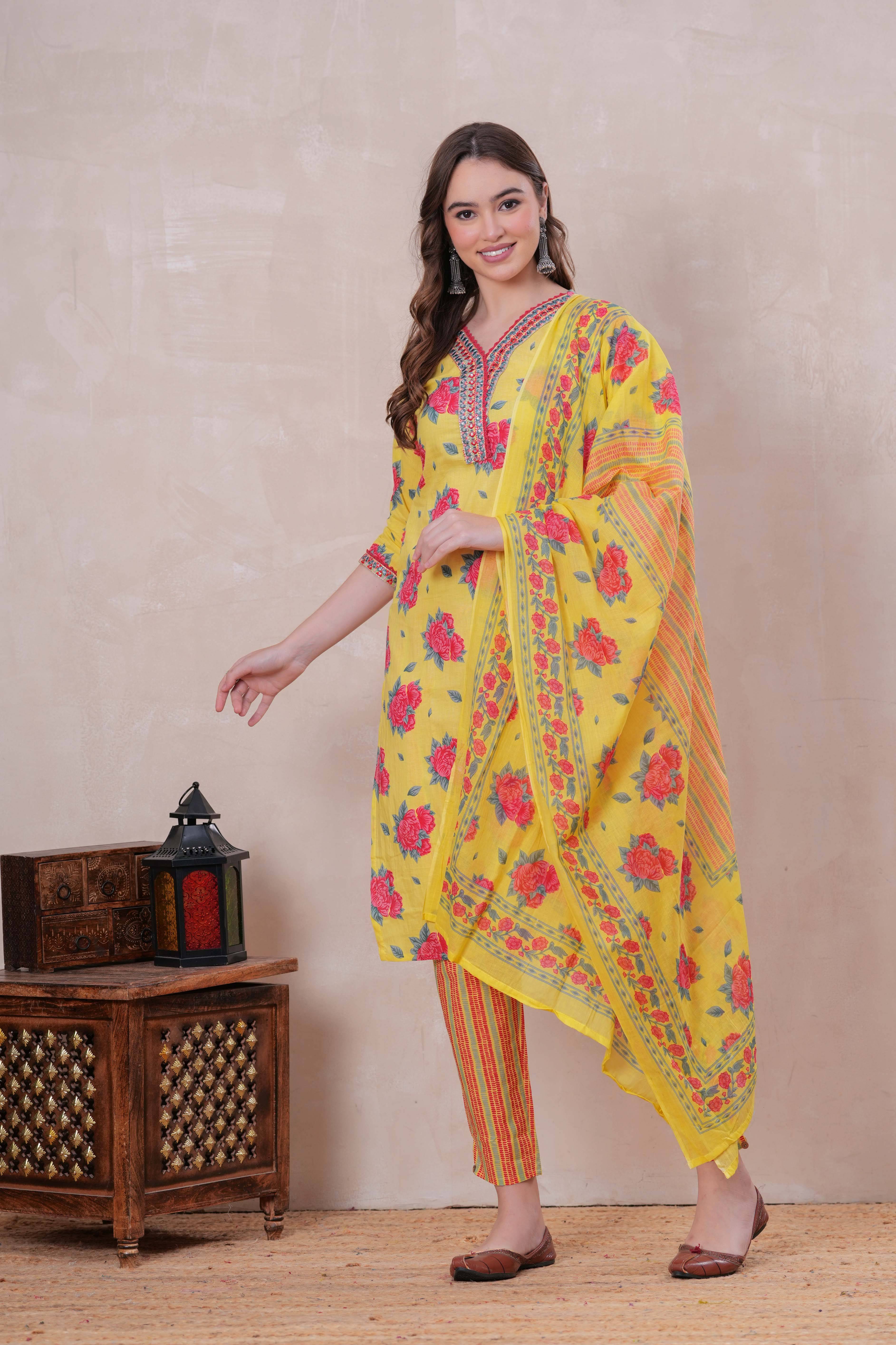 HIGHLIGHT FASHION EXPORT Women Cotton Printed Straight Kurti With Pants ( Yellow )     			HIGHLIGHT FASHION EXPORT Women Cotton Printed Straight Kurti With Pants ( Yellow )