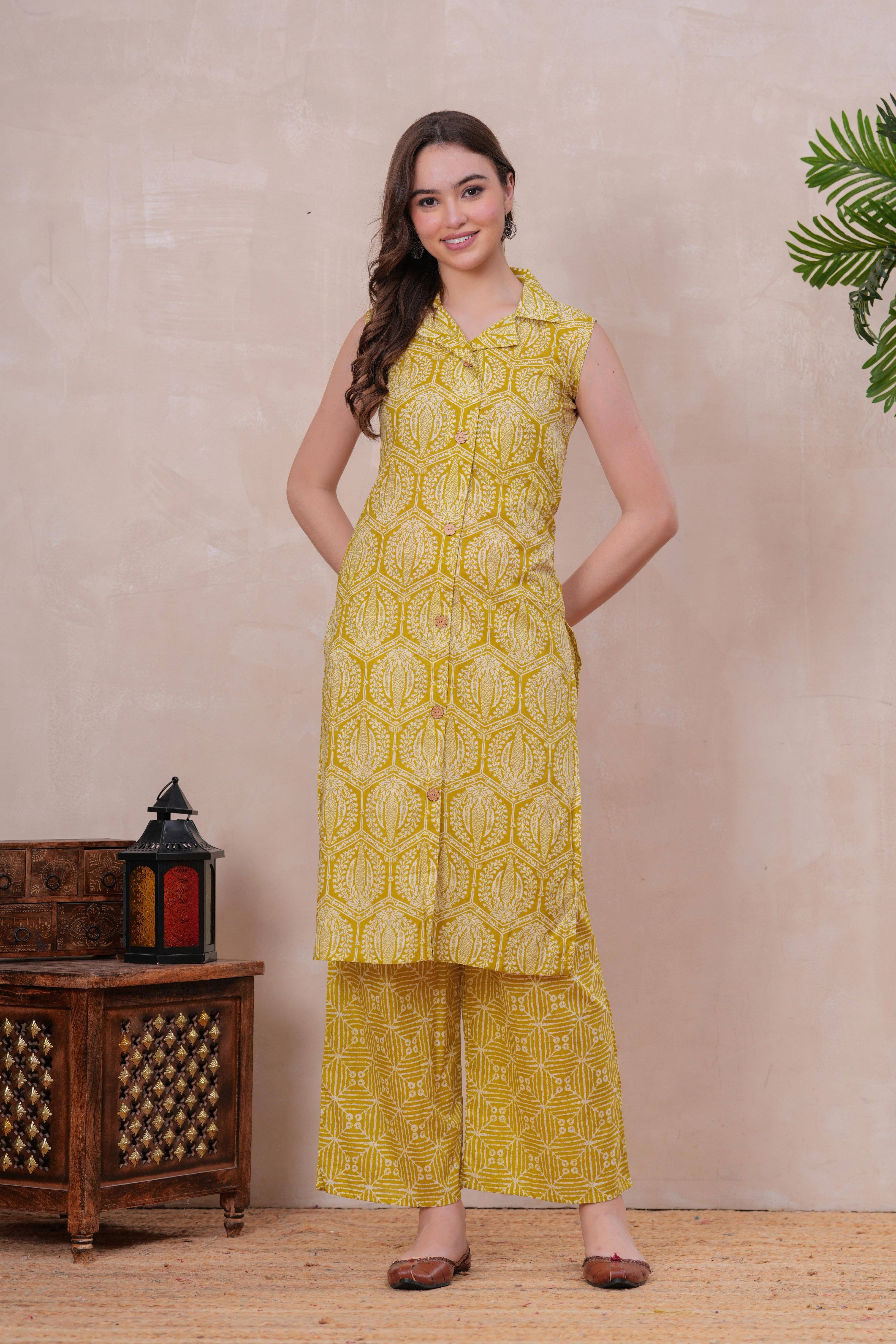 HIGHLIGHT FASHION EXPORT Women Cotton Printed Straight Kurti With Pants ( Yellow )     			HIGHLIGHT FASHION EXPORT Women Cotton Printed Straight Kurti With Pants ( Yellow )