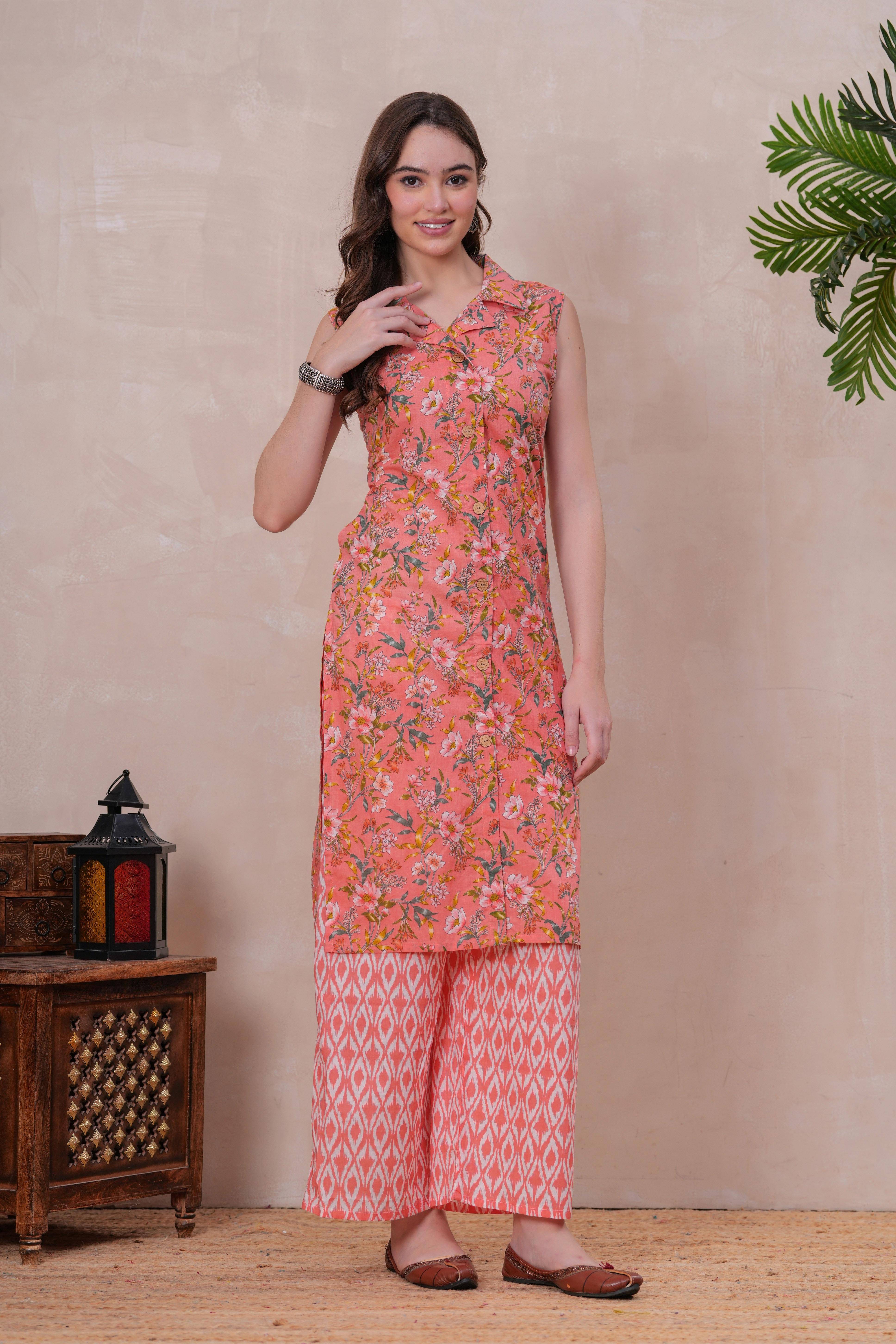 HIGHLIGHT FASHION EXPORT Women Cotton Printed Straight Kurti With Pants ( Peach )     			HIGHLIGHT FASHION EXPORT Women Cotton Printed Straight Kurti With Pants ( Peach )