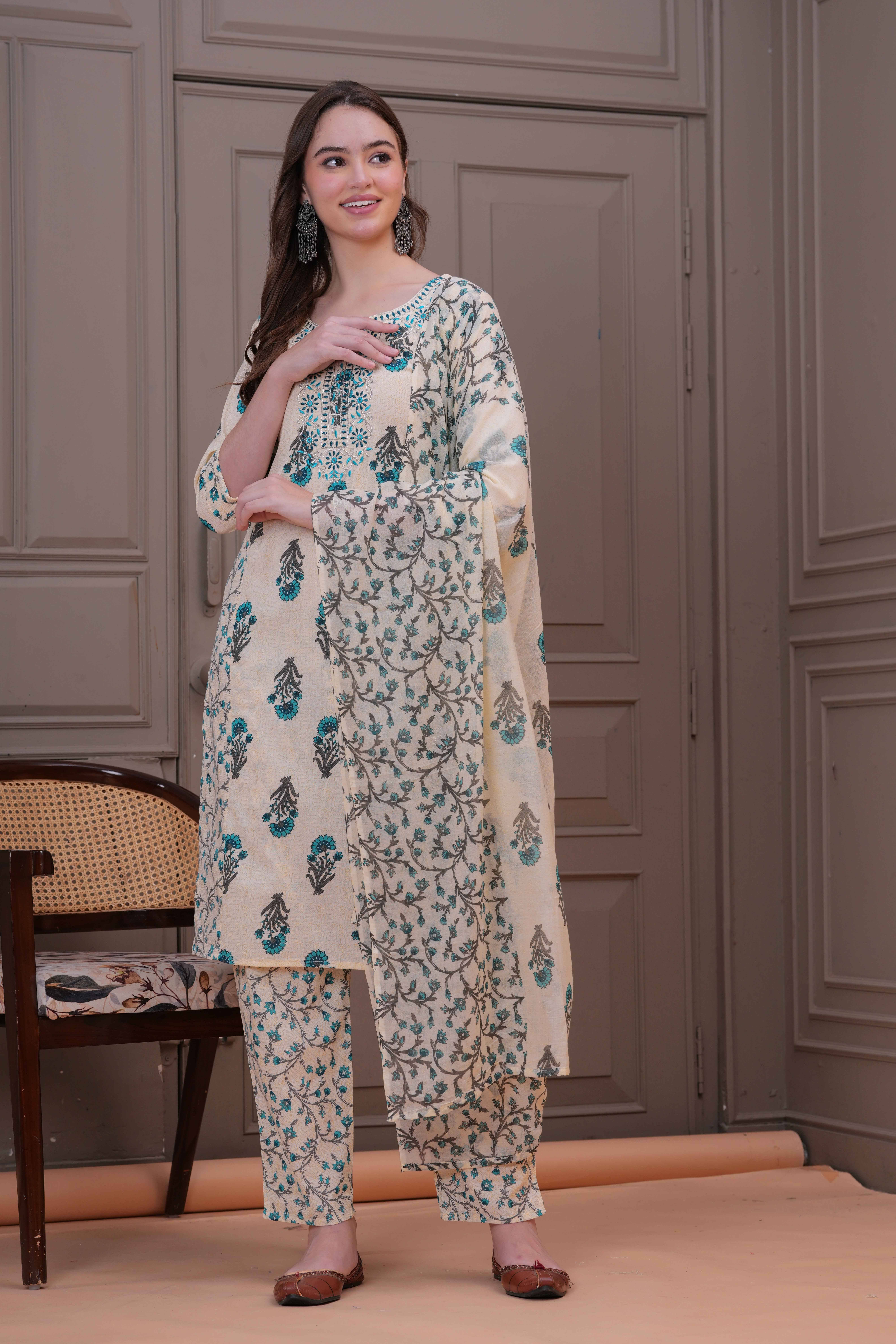 HIGHLIGHT FASHION EXPORT Women Cotton Printed Straight Kurti With Pants ( Teal )     			HIGHLIGHT FASHION EXPORT Women Cotton Printed Straight Kurti With Pants ( Teal )
