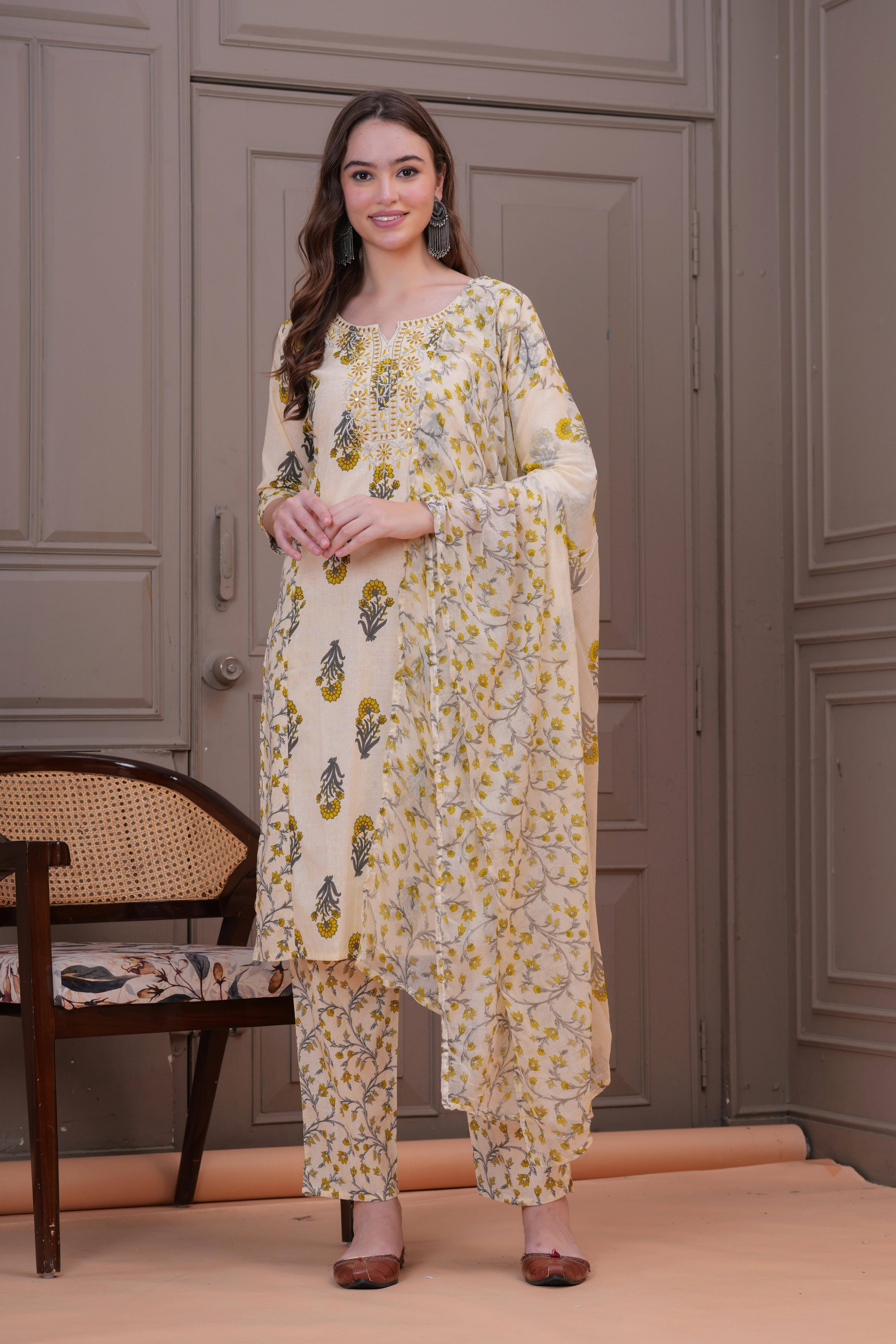 HIGHLIGHT FASHION EXPORT Women Cotton Printed Straight Kurti With Pants ( Yellow )     			HIGHLIGHT FASHION EXPORT Women Cotton Printed Straight Kurti With Pants ( Yellow )