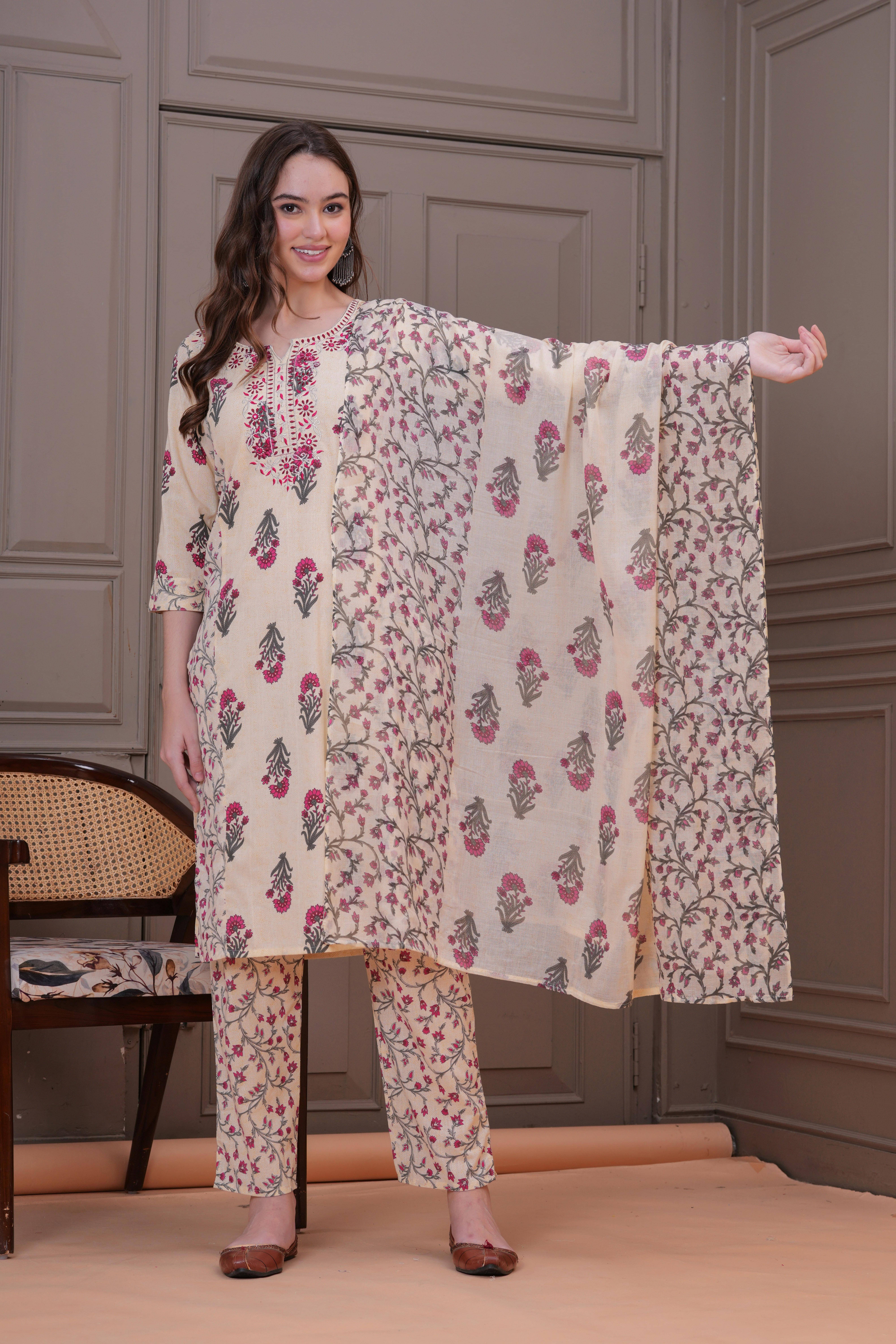 HIGHLIGHT FASHION EXPORT Women Cotton Printed Straight Kurti With Pants ( Pink )     			HIGHLIGHT FASHION EXPORT Women Cotton Printed Straight Kurti With Pants ( Pink )