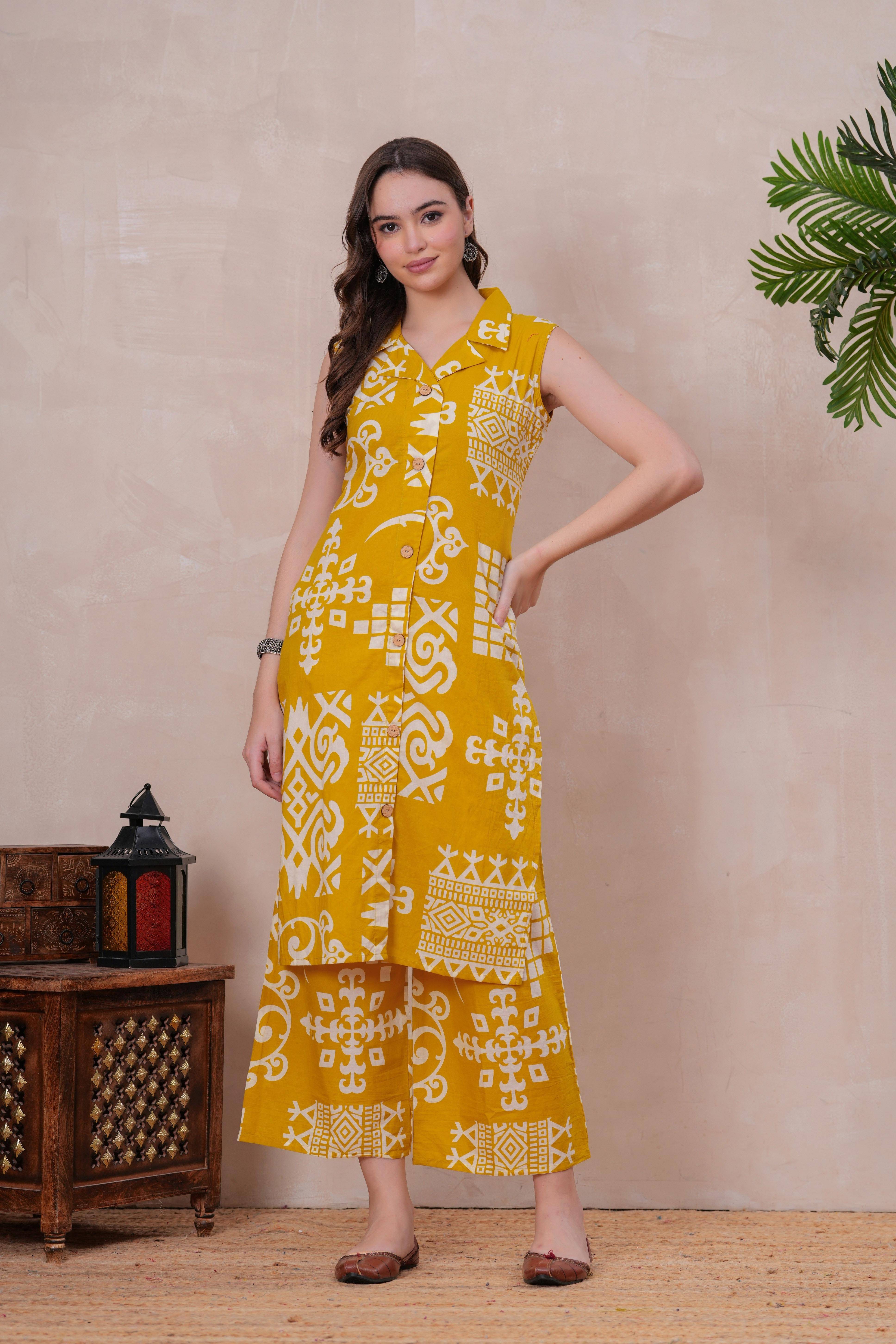 HIGHLIGHT FASHION EXPORT Women Cotton Printed Straight Kurti With Palazzo ( Yellow )     			HIGHLIGHT FASHION EXPORT Women Cotton Printed Straight Kurti With Palazzo ( Yellow )