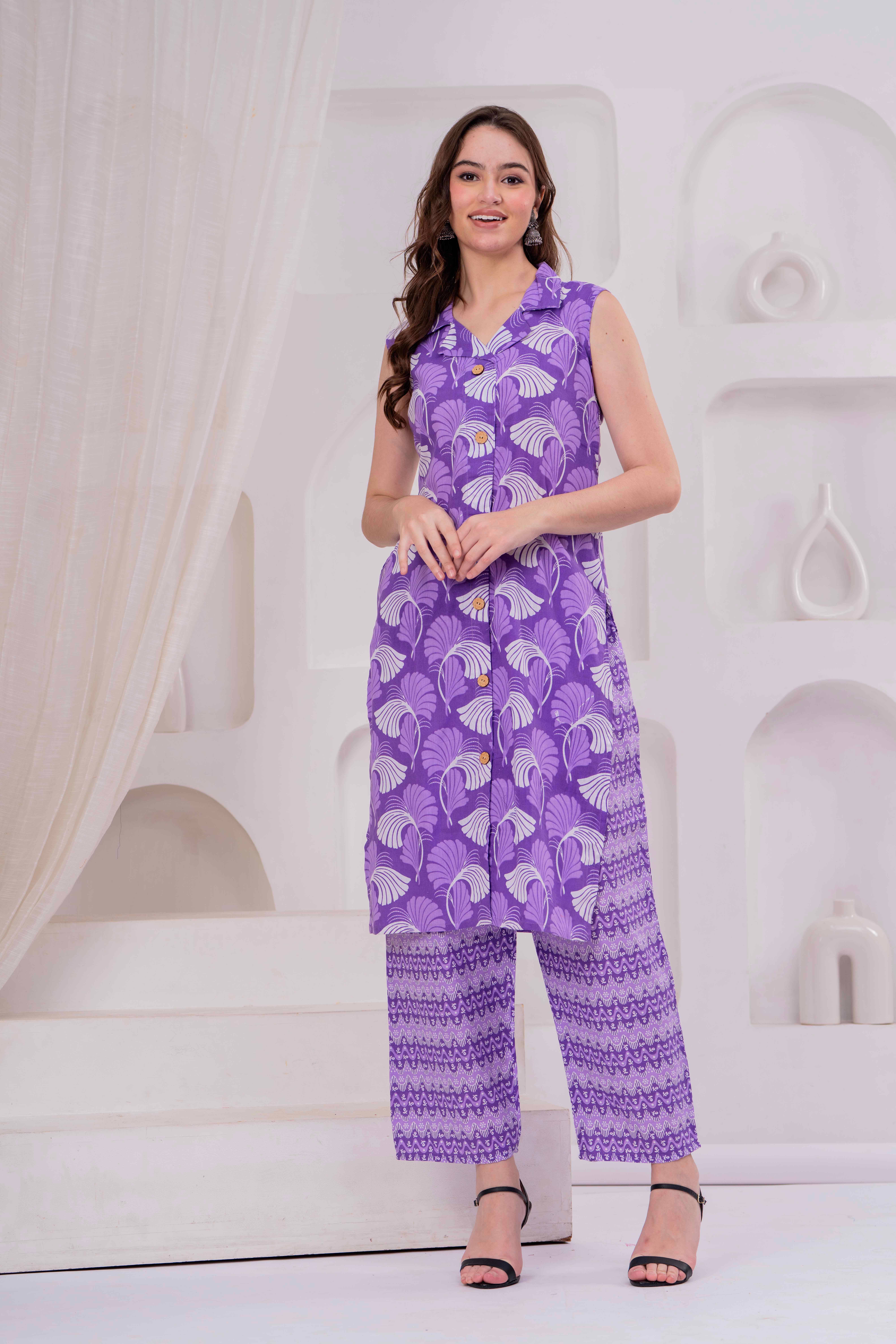 HIGHLIGHT FASHION EXPORT Women Cotton Printed Straight Kurti With Palazzo ( Purple )     			HIGHLIGHT FASHION EXPORT Women Cotton Printed Straight Kurti With Palazzo ( Purple )