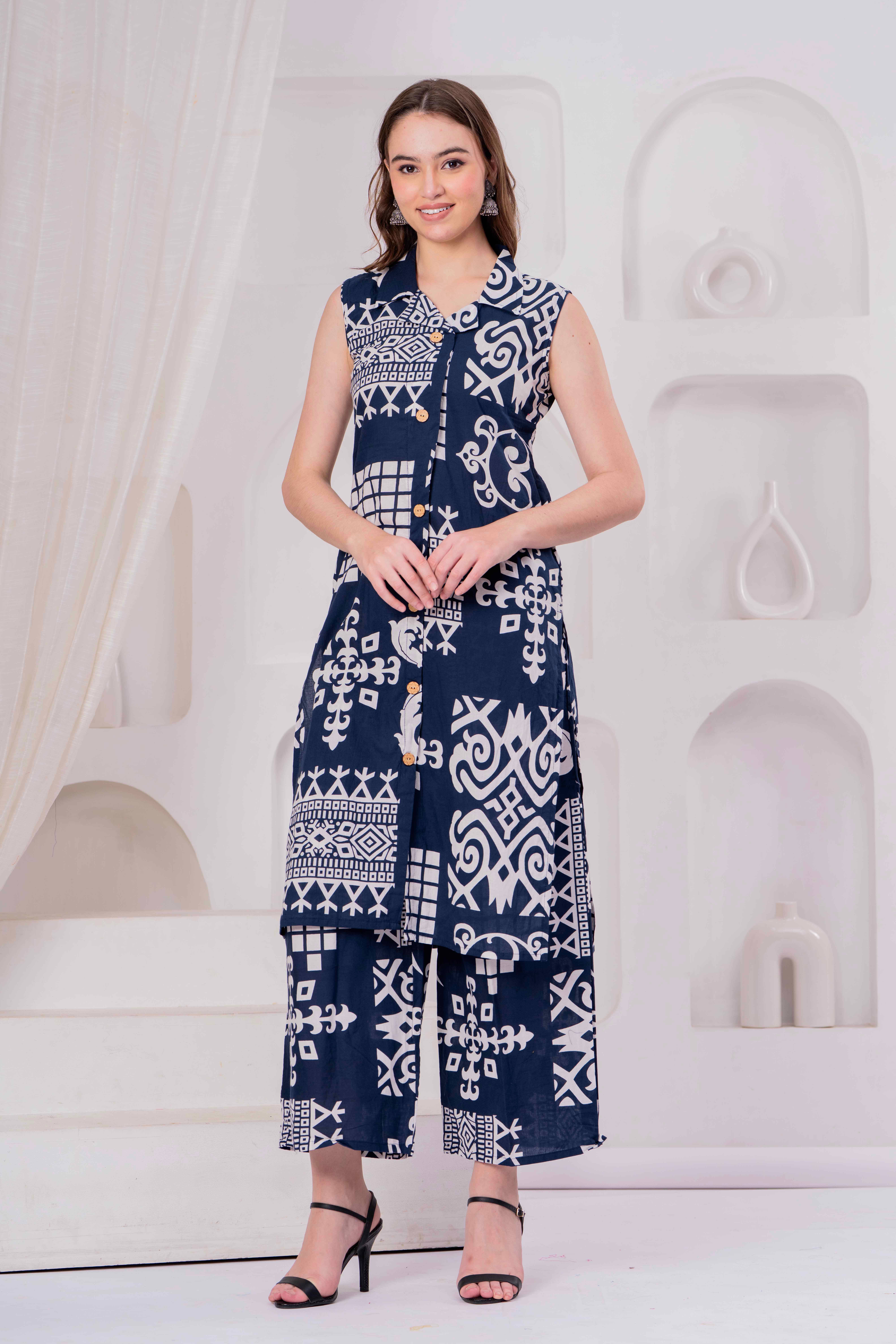 HIGHLIGHT FASHION EXPORT Women Cotton Printed Straight Kurti With Palazzo ( Blue )     			HIGHLIGHT FASHION EXPORT Women Cotton Printed Straight Kurti With Palazzo ( Blue )