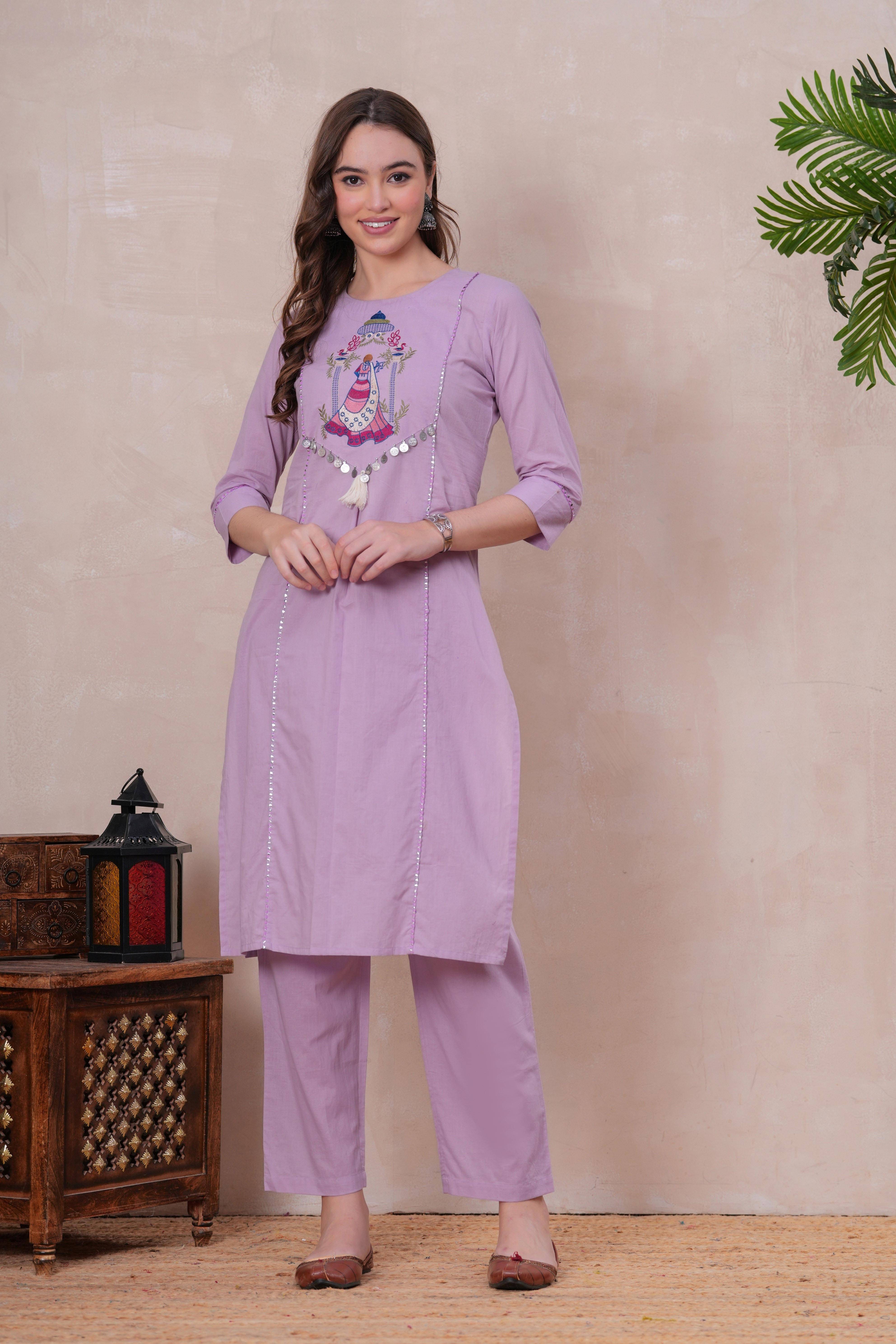 HIGHLIGHT FASHION EXPORT Women Cotton Solid Straight Kurti With Pants ( Purple )     			HIGHLIGHT FASHION EXPORT Women Cotton Solid Straight Kurti With Pants ( Purple )