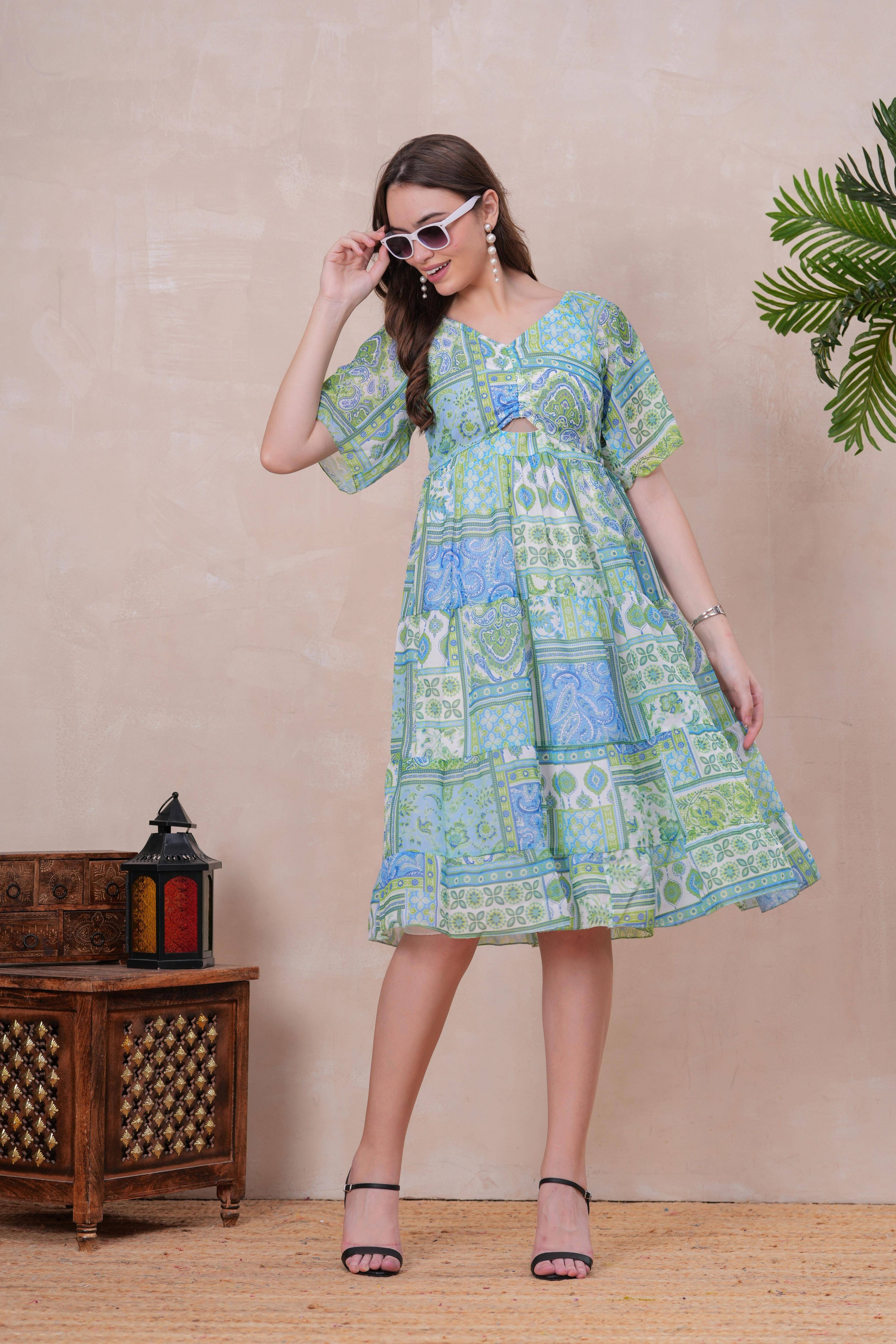 HIGHLIGHT FASHION EXPORT Women Georgette Printed Fit & Flare Dress ( Green )     			HIGHLIGHT FASHION EXPORT Women Georgette Printed Fit & Flare Dress ( Green )