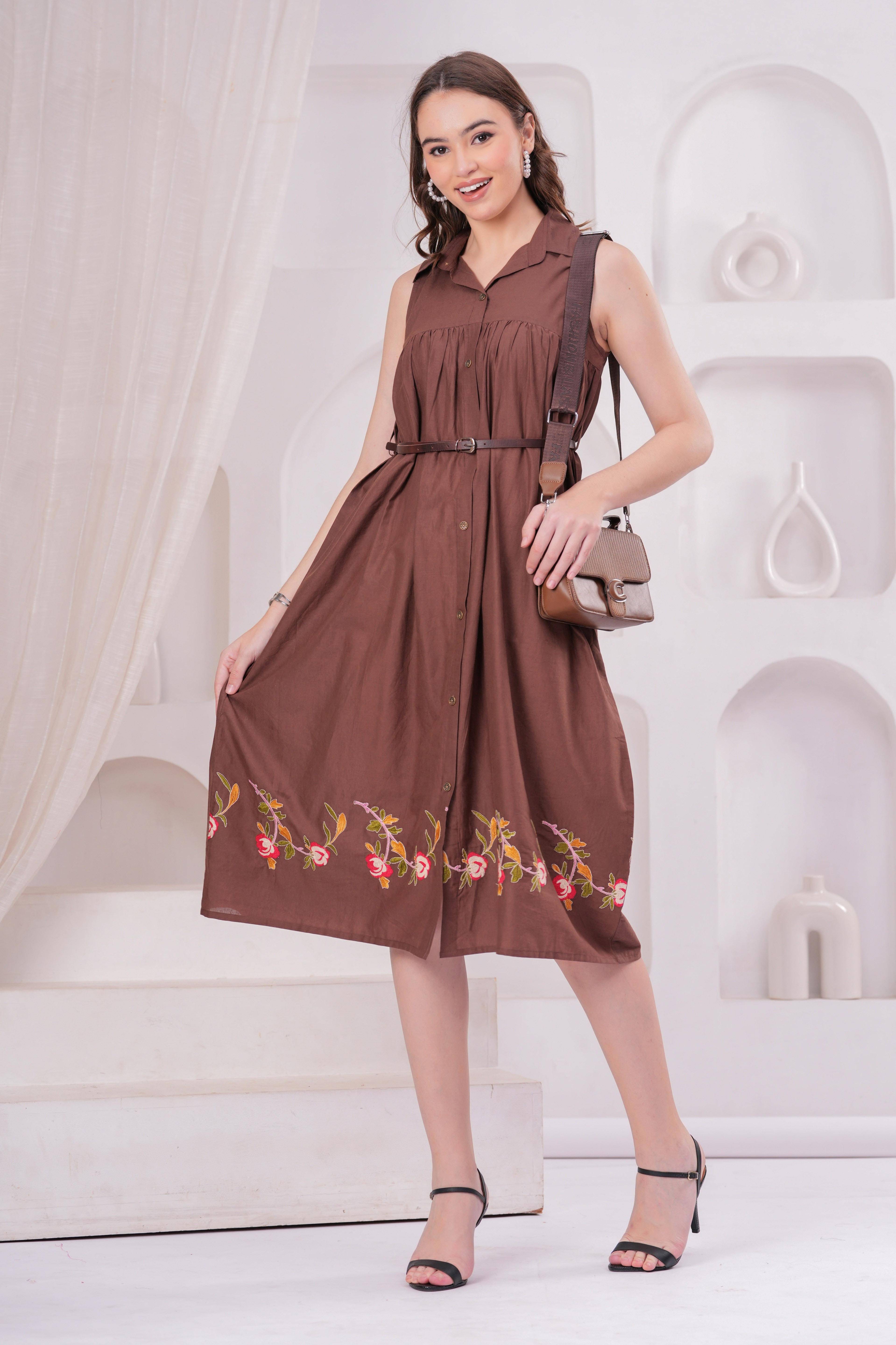 JC4U Women Cotton Blend Solid A-line Dress ( Coffee )     			JC4U Women Cotton Blend Solid A-line Dress ( Coffee )