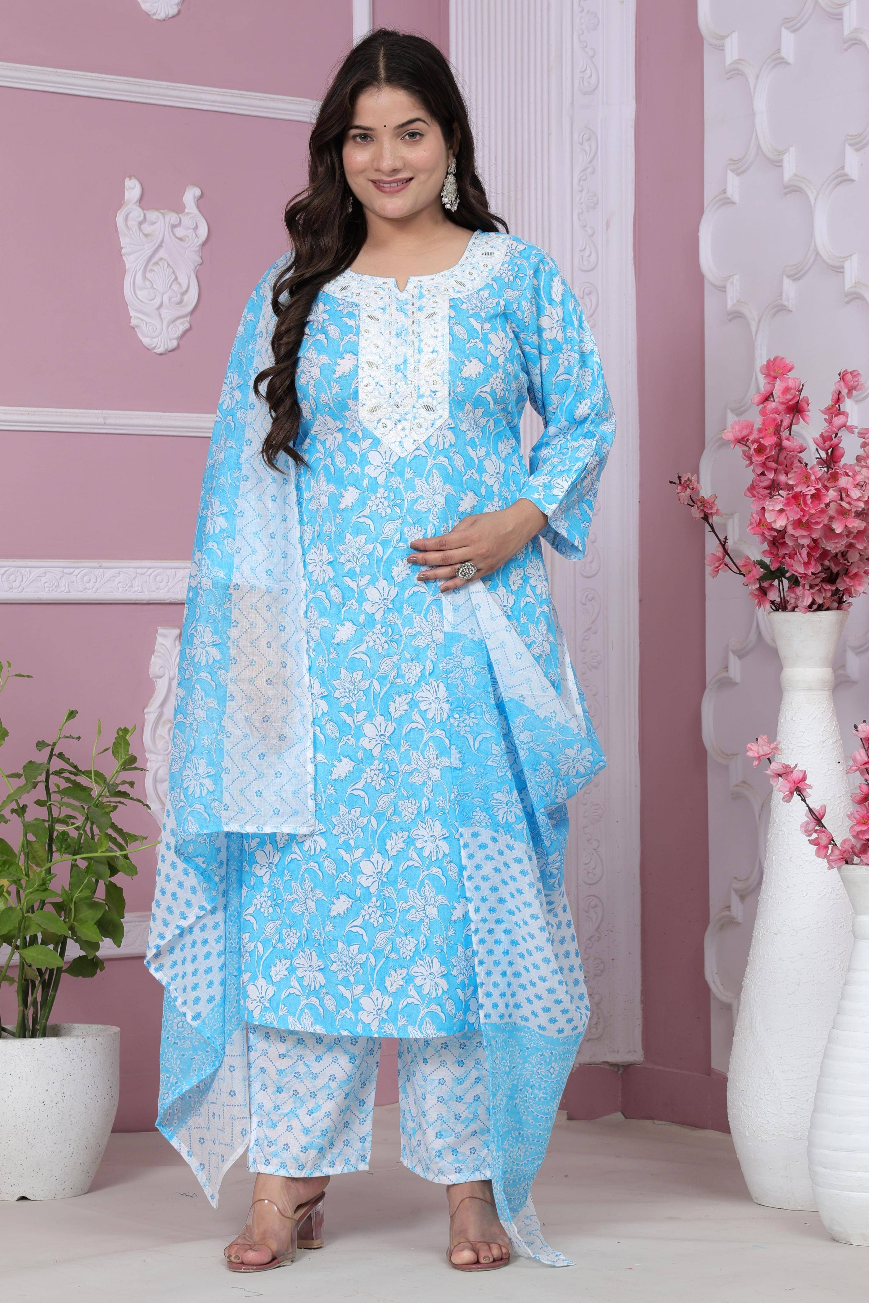 JC4U Women Cotton Printed Straight Kurti With Pants ( Light Blue )     			JC4U Women Cotton Printed Straight Kurti With Pants ( Light Blue )