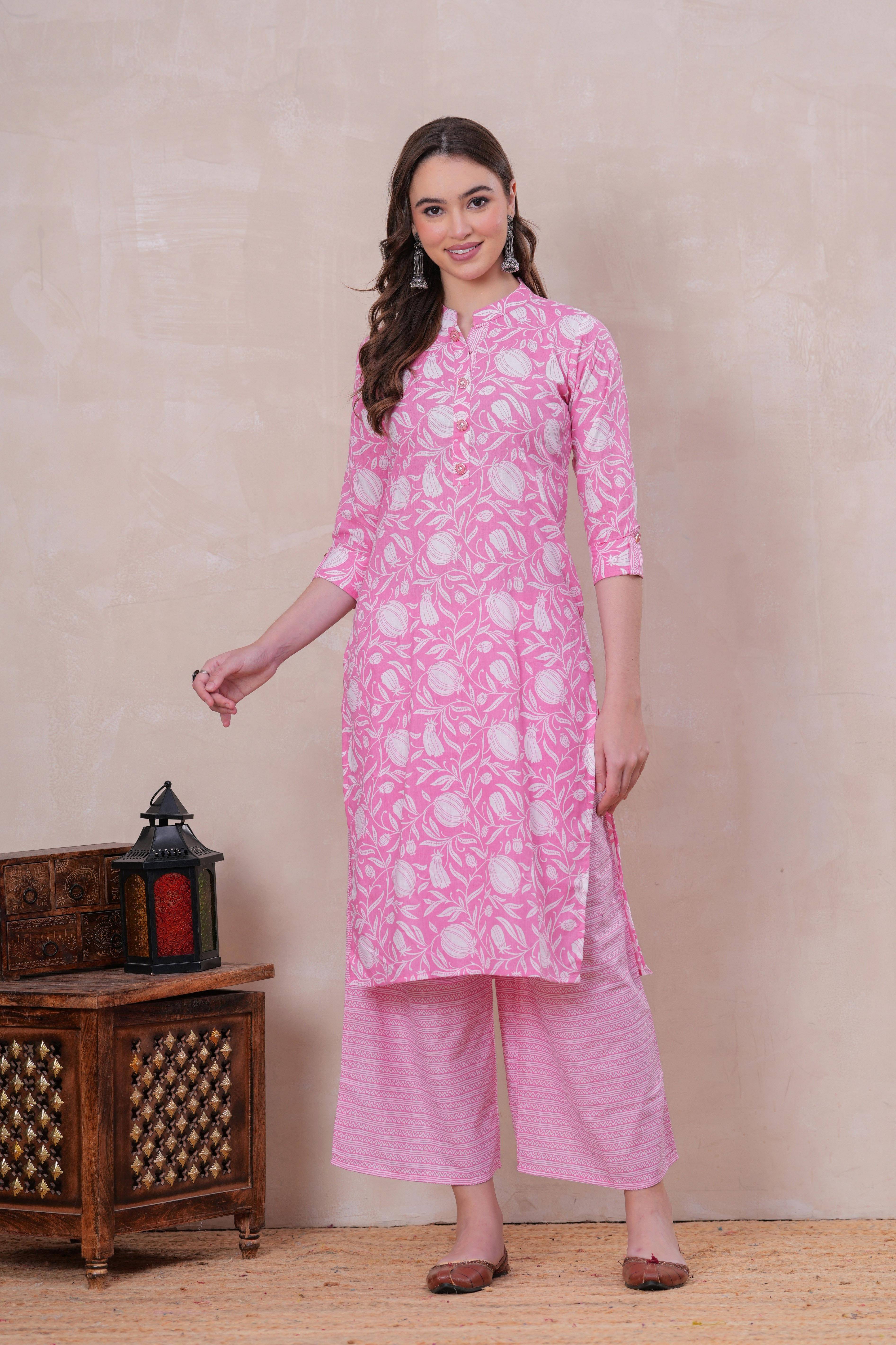     			JC4U Women Cotton Printed Straight Kurti With Pants ( Pink )