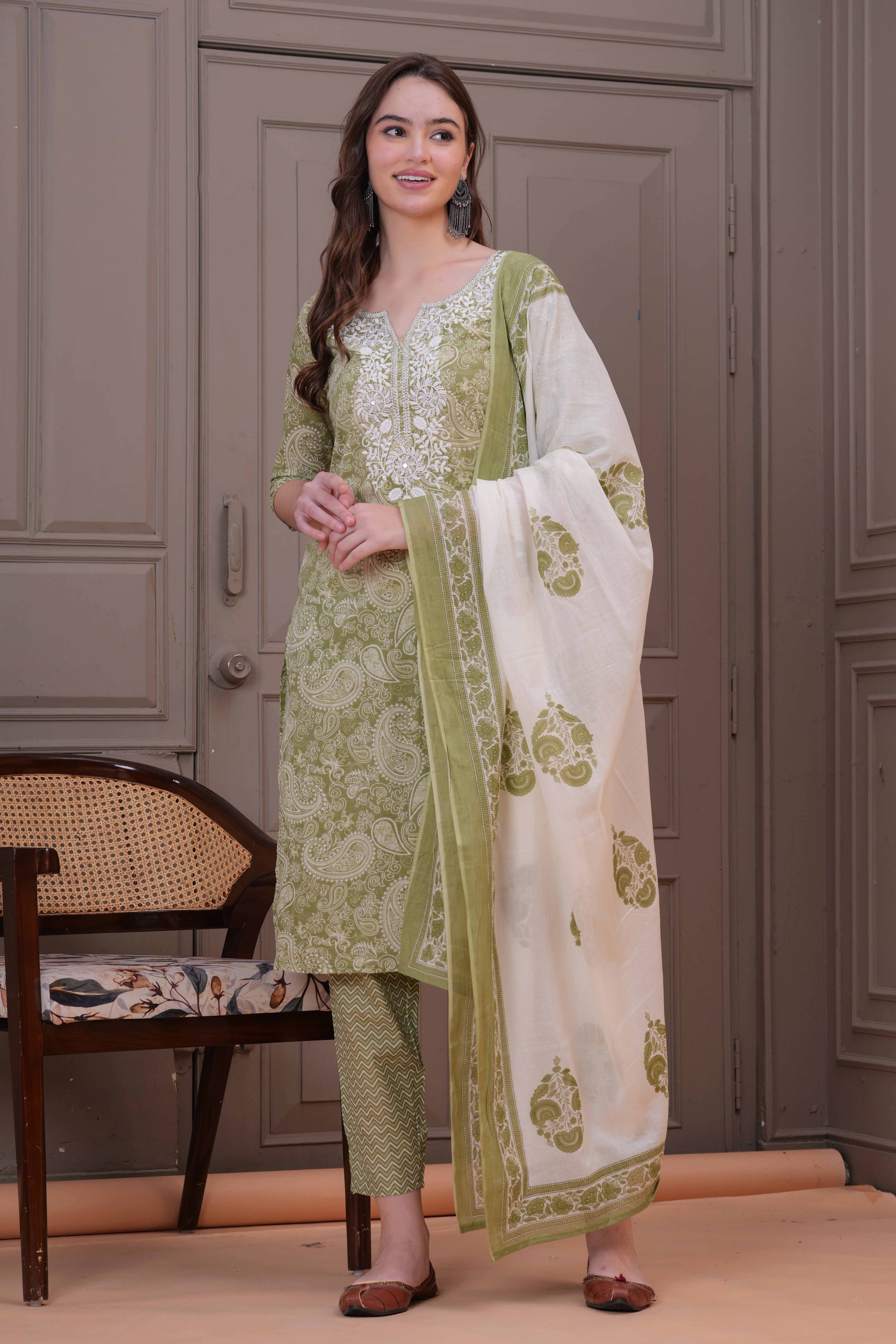 JC4U Women Cotton Printed Straight Kurti With Pants ( Green )     			JC4U Women Cotton Printed Straight Kurti With Pants ( Green )