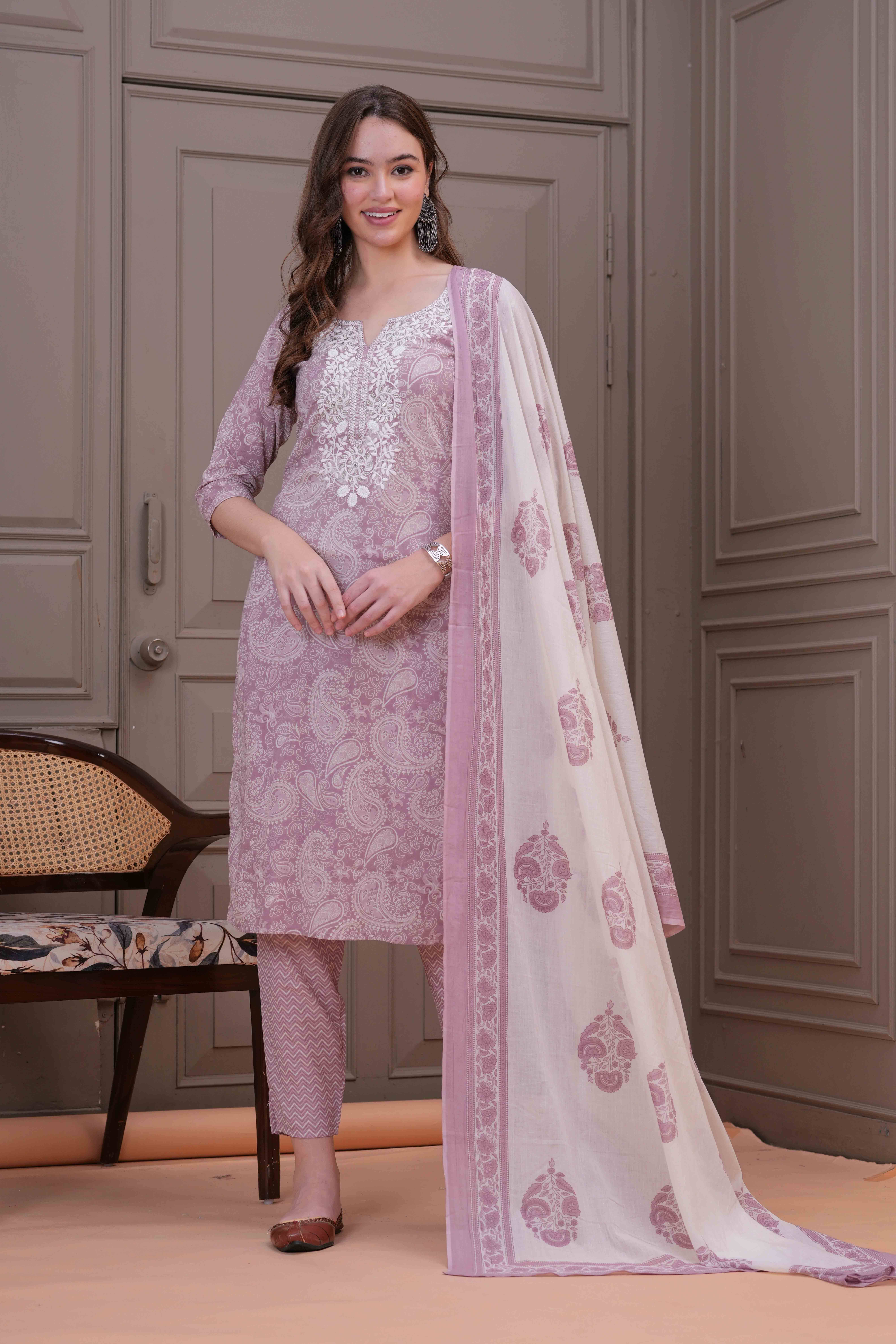 JC4U Women Cotton Printed Straight Kurti With Pants ( Purple )     			JC4U Women Cotton Printed Straight Kurti With Pants ( Purple )