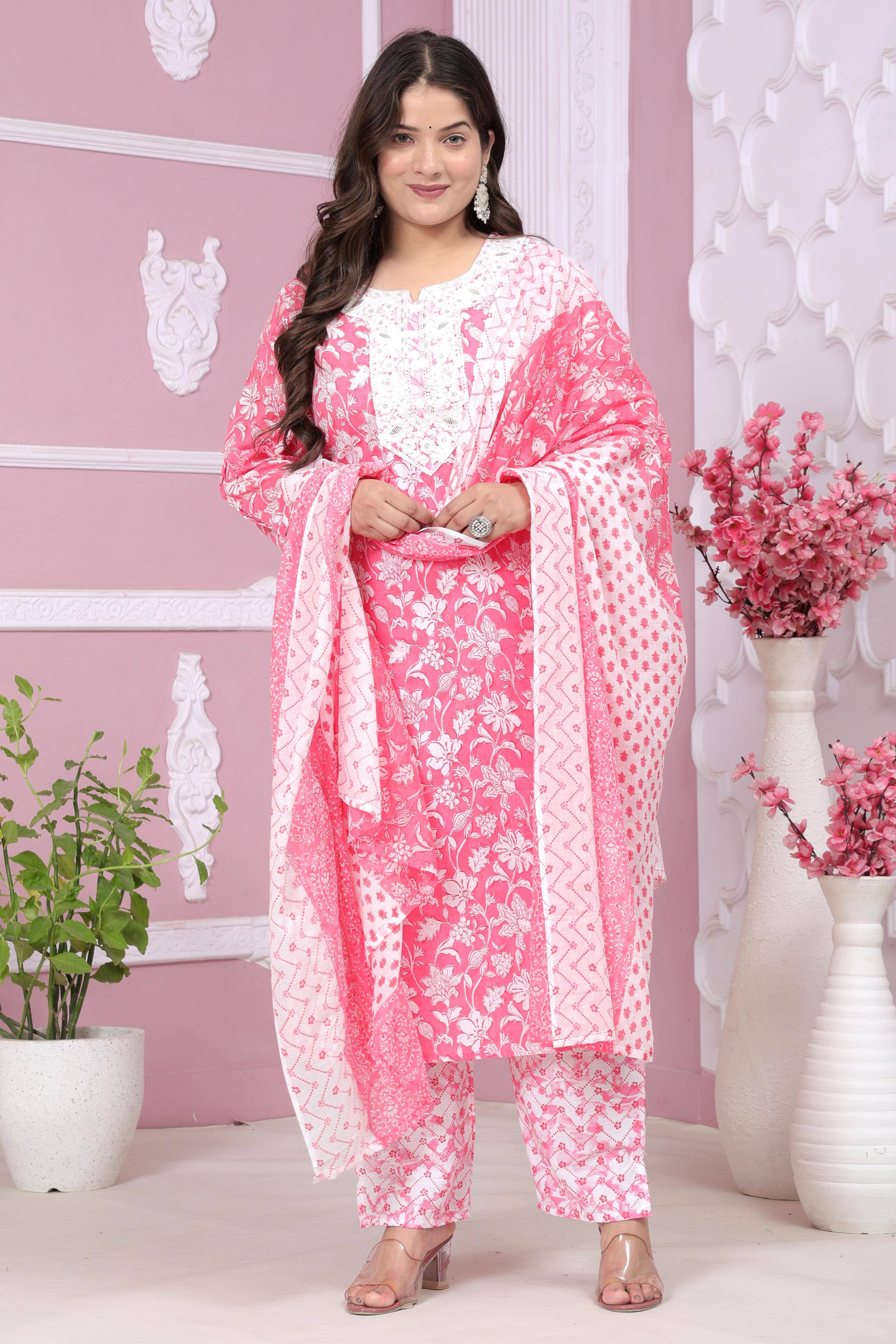 JC4U Women Cotton Printed Straight Kurti With Pants ( Pink )     			JC4U Women Cotton Printed Straight Kurti With Pants ( Pink )