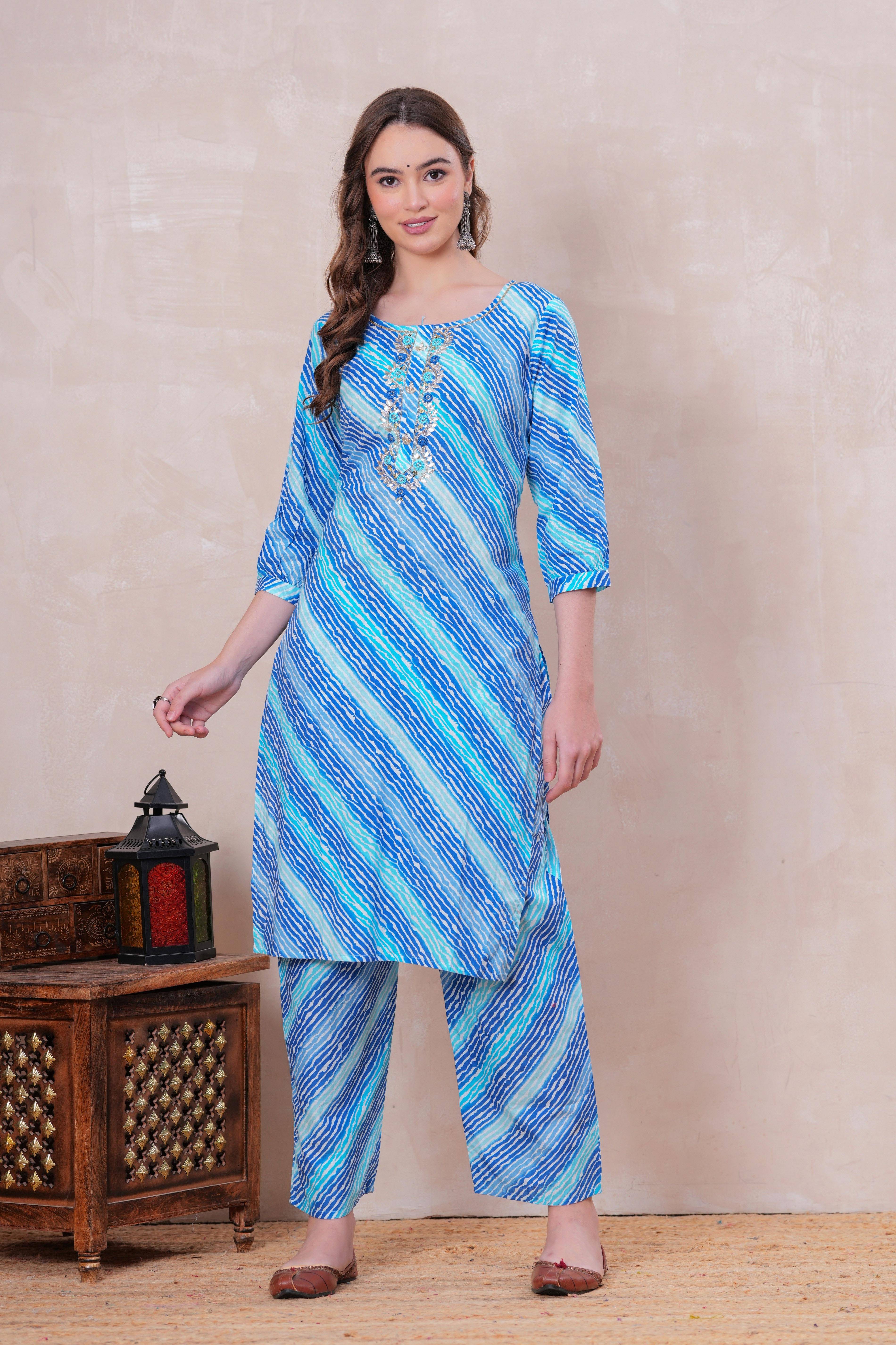 JC4U Women Cotton Printed Straight Kurti With Pants ( Light Blue )     			JC4U Women Cotton Printed Straight Kurti With Pants ( Light Blue )