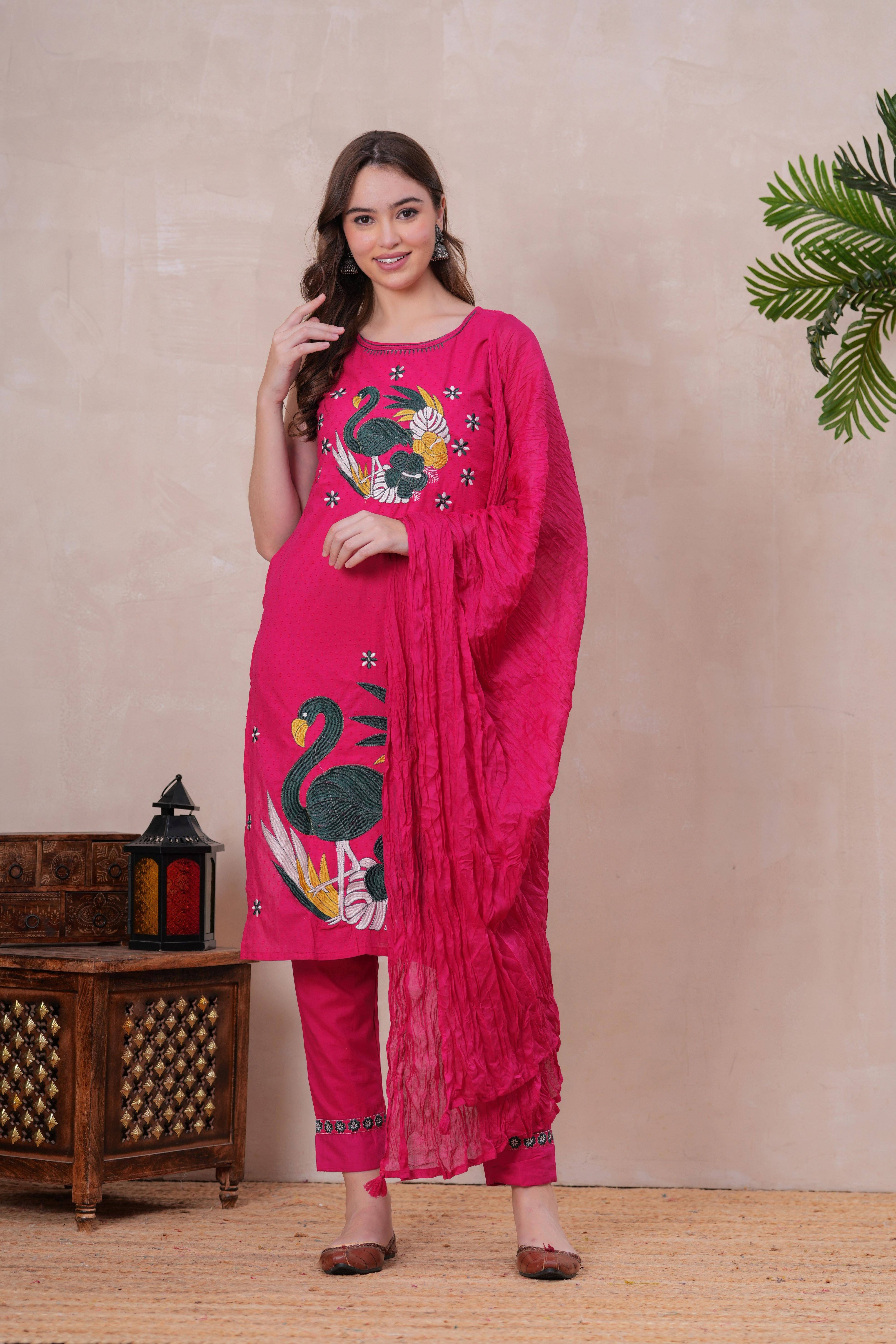 JC4U Women Cotton Solid Straight Kurti With Pants ( Pink )     			JC4U Women Cotton Solid Straight Kurti With Pants ( Pink )