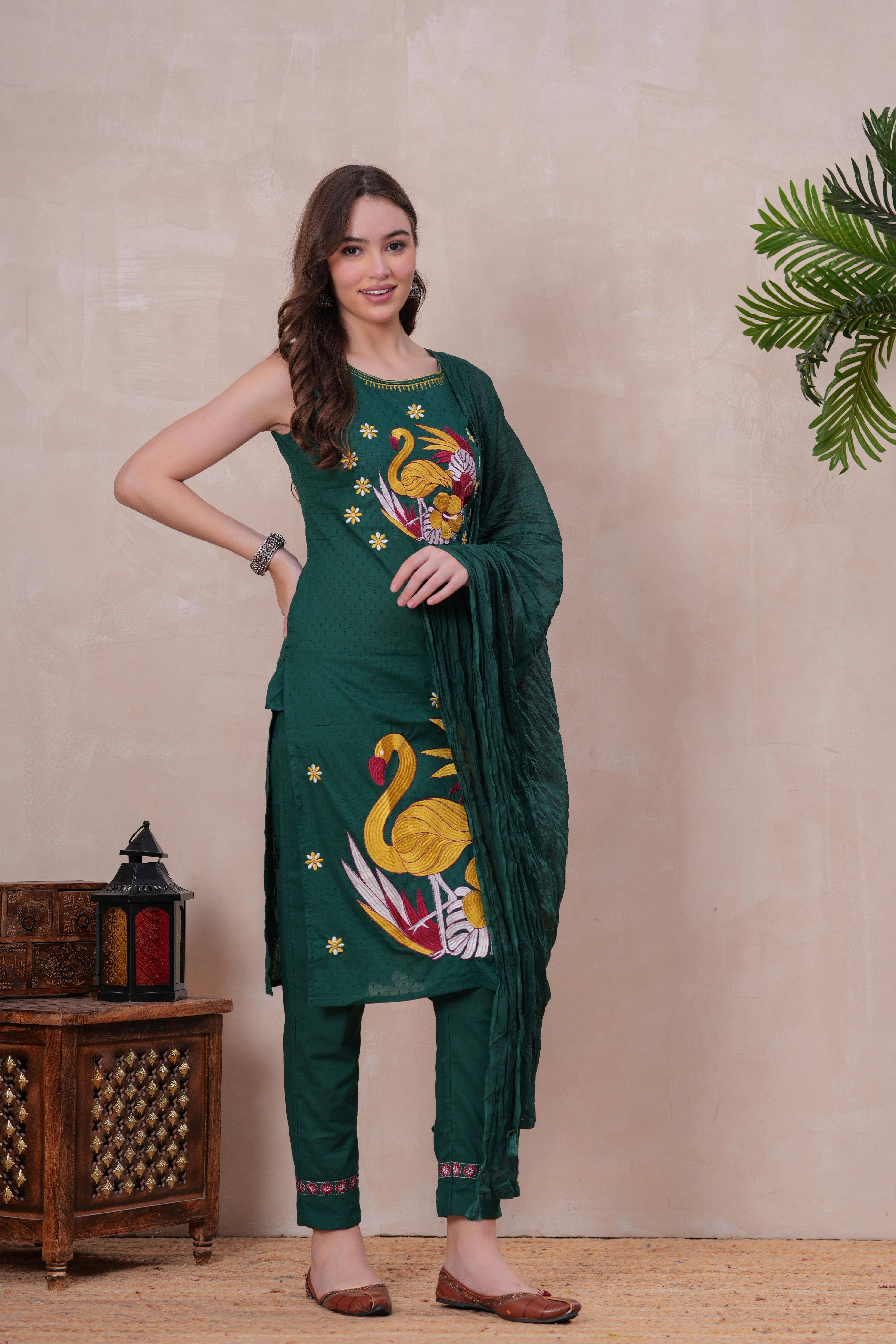 JC4U Women Cotton Solid Straight Kurti With Pants ( Green )     			JC4U Women Cotton Solid Straight Kurti With Pants ( Green )