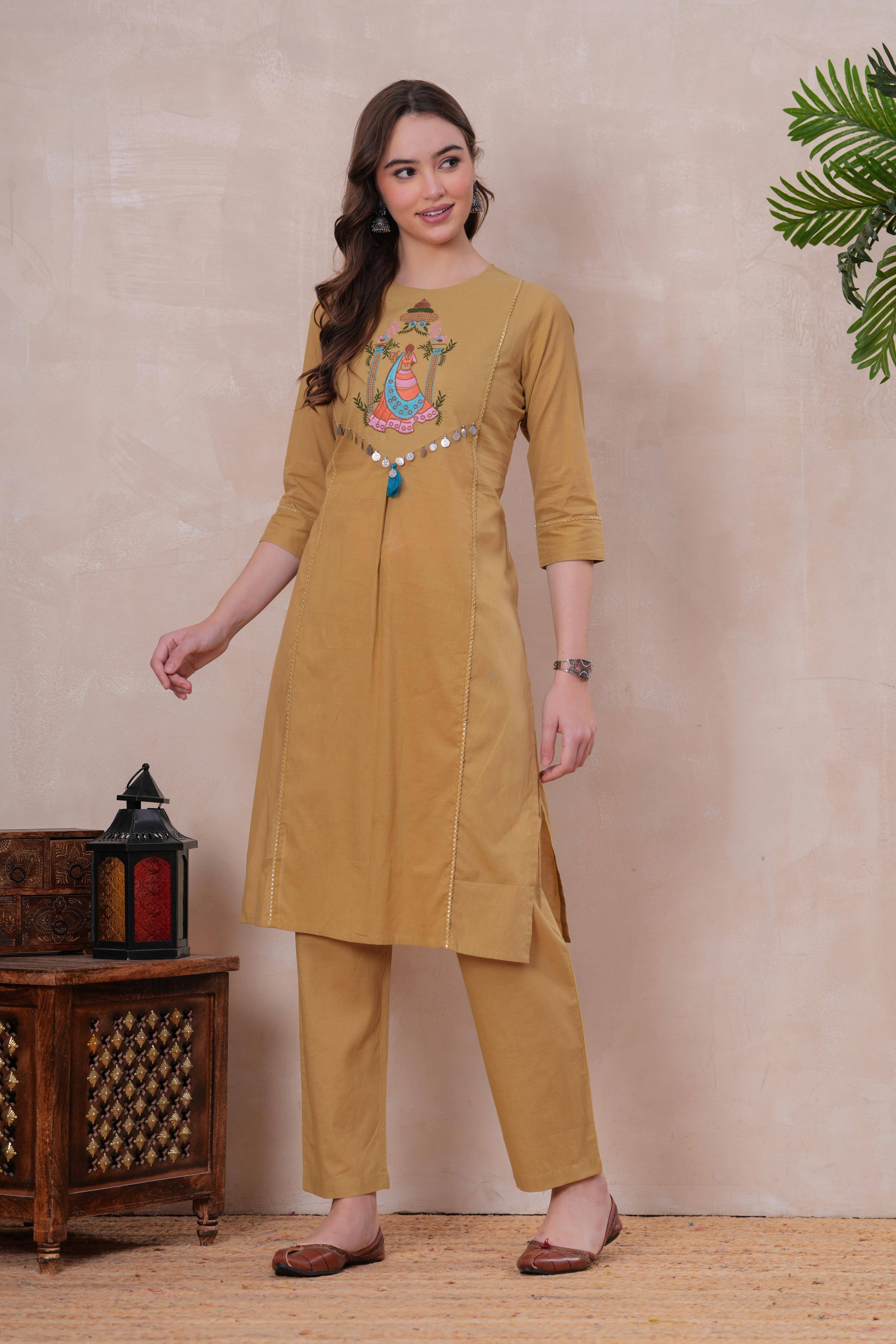JC4U Women Cotton Solid Straight Kurti With Pants ( Yellow )     			JC4U Women Cotton Solid Straight Kurti With Pants ( Yellow )