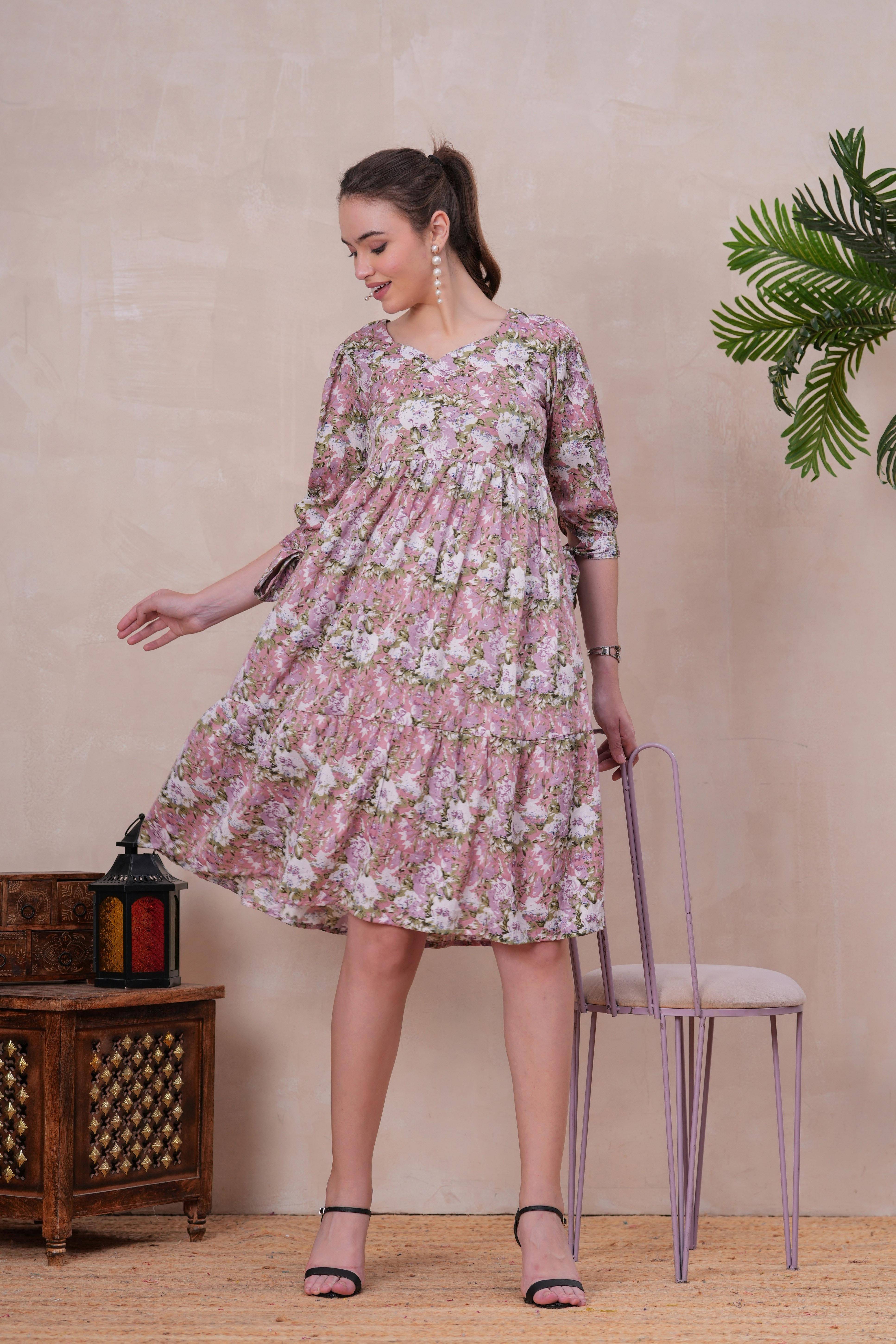 JC4U Women Crepe Printed Fit & Flare Dress ( Pink )     			JC4U Women Crepe Printed Fit & Flare Dress ( Pink )