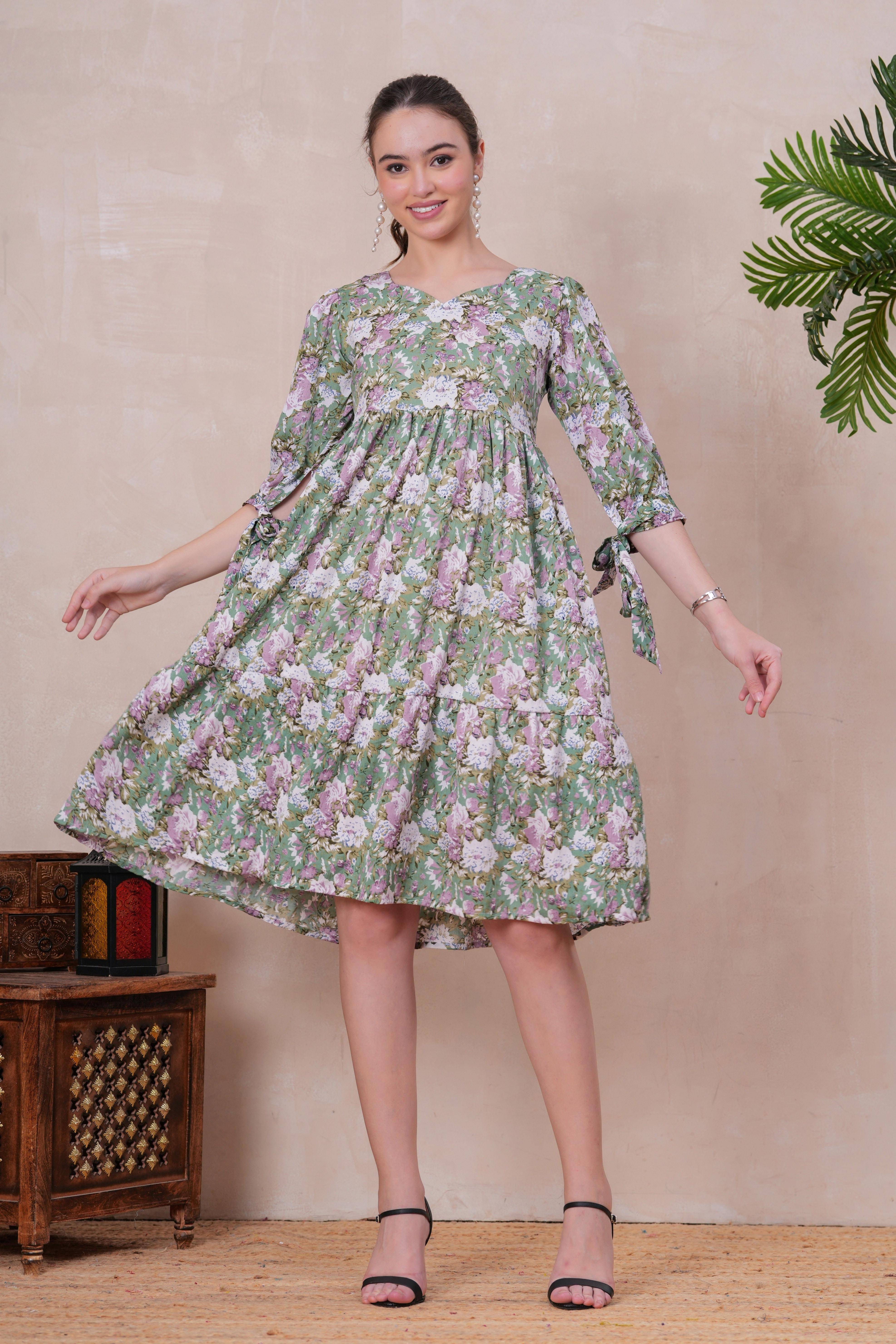 JC4U Women Crepe Printed Fit & Flare Dress ( Green )     			JC4U Women Crepe Printed Fit & Flare Dress ( Green )