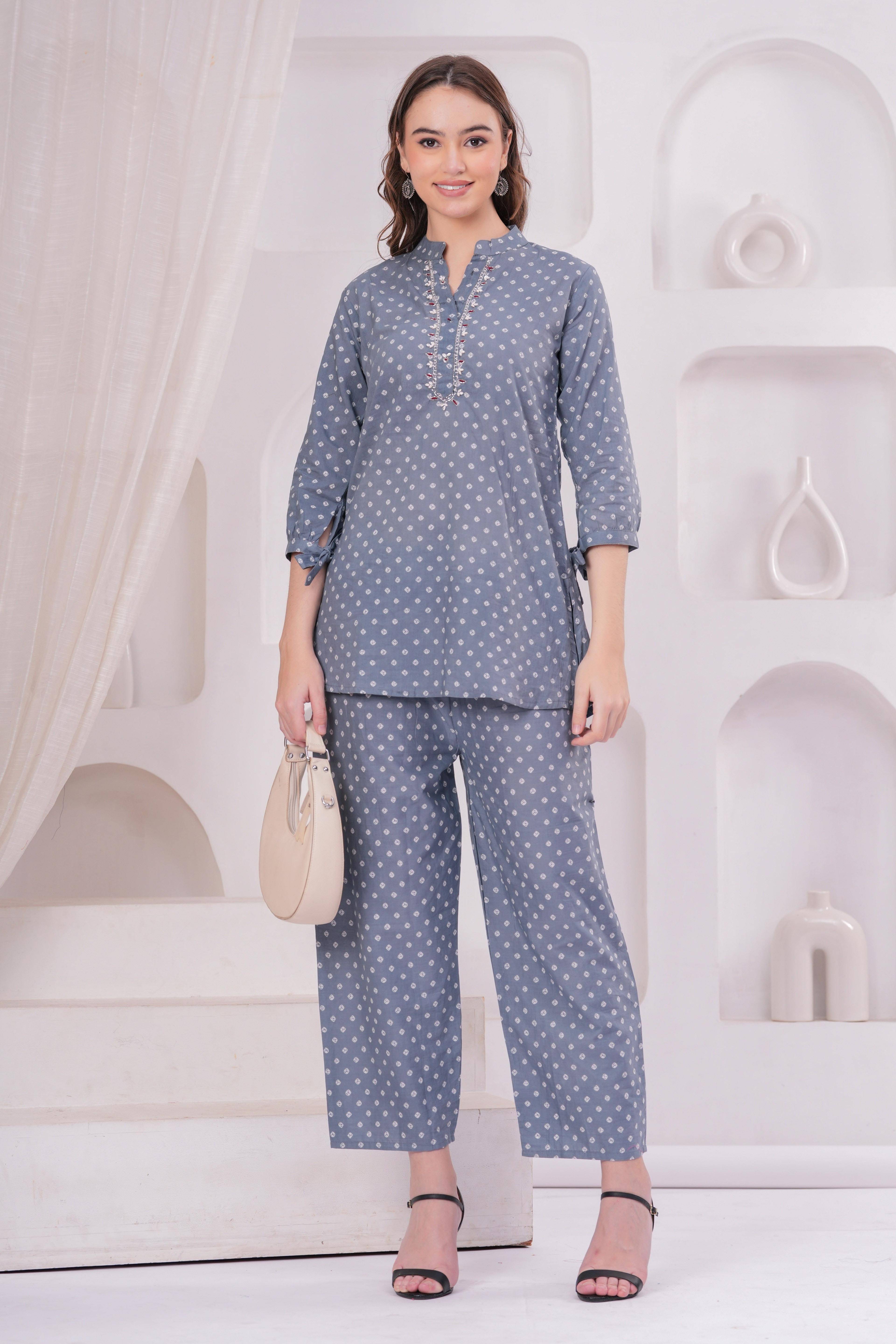     			JC4U Women Embellished Tunic With Trousers Co-Ord Set ( Grey )