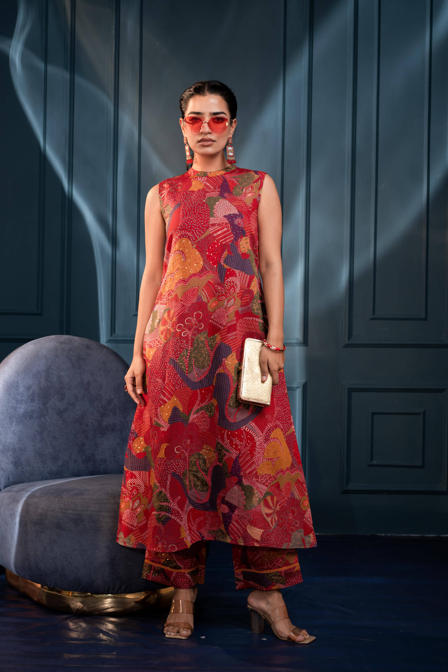     			Juniper Women Printed Tunic With Trousers Co-Ord Set ( Red )