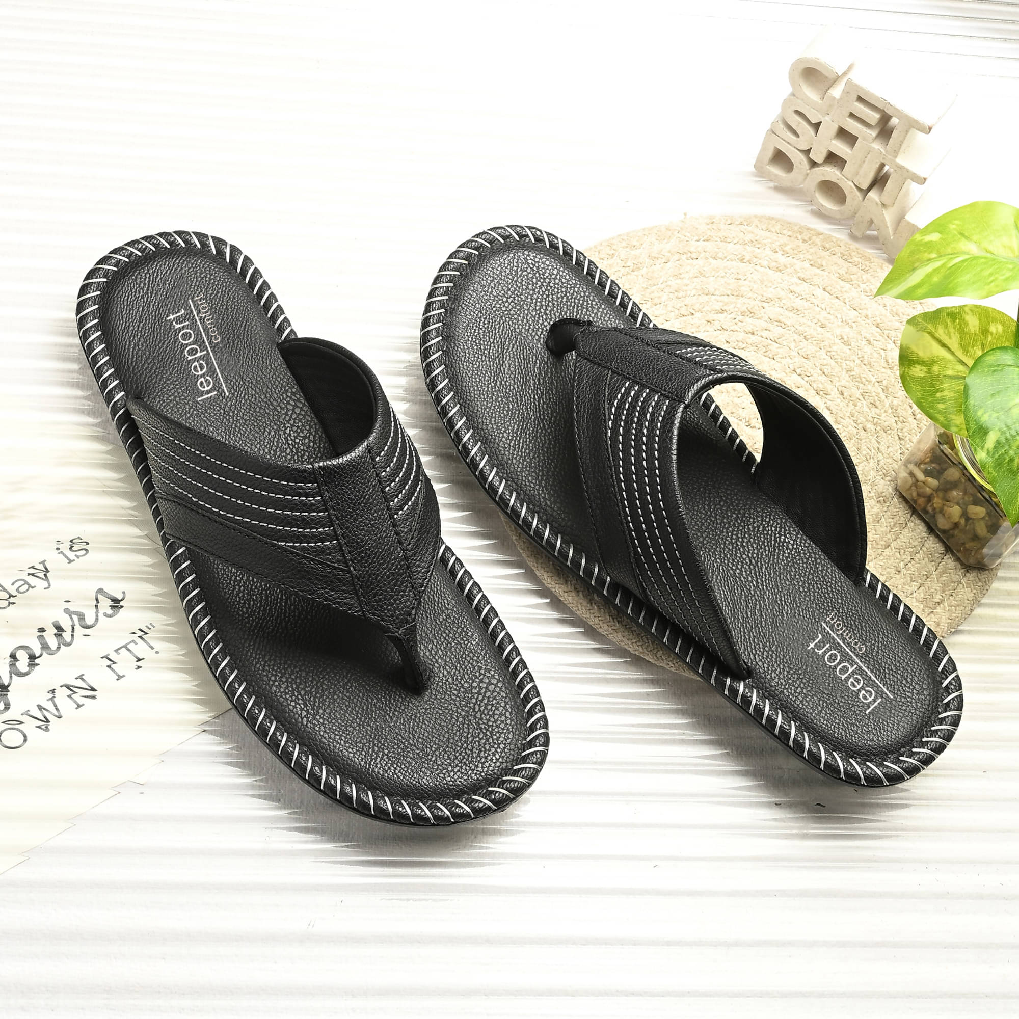     			Leeport Black Men's Thong Flip Flop