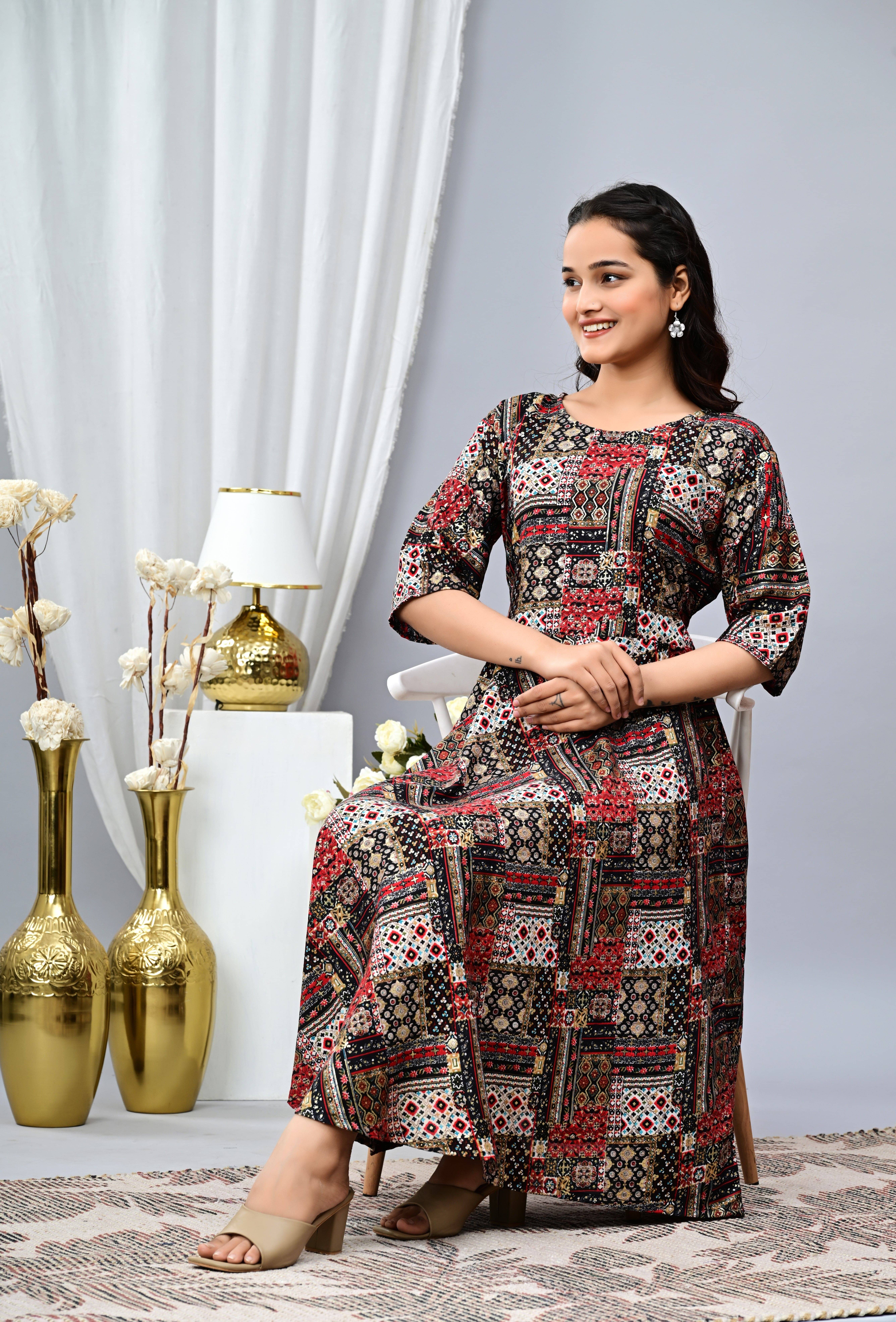 MK creation Women Cotton Blend Printed Gown ( Brown )     			MK creation Women Cotton Blend Printed Gown ( Brown )