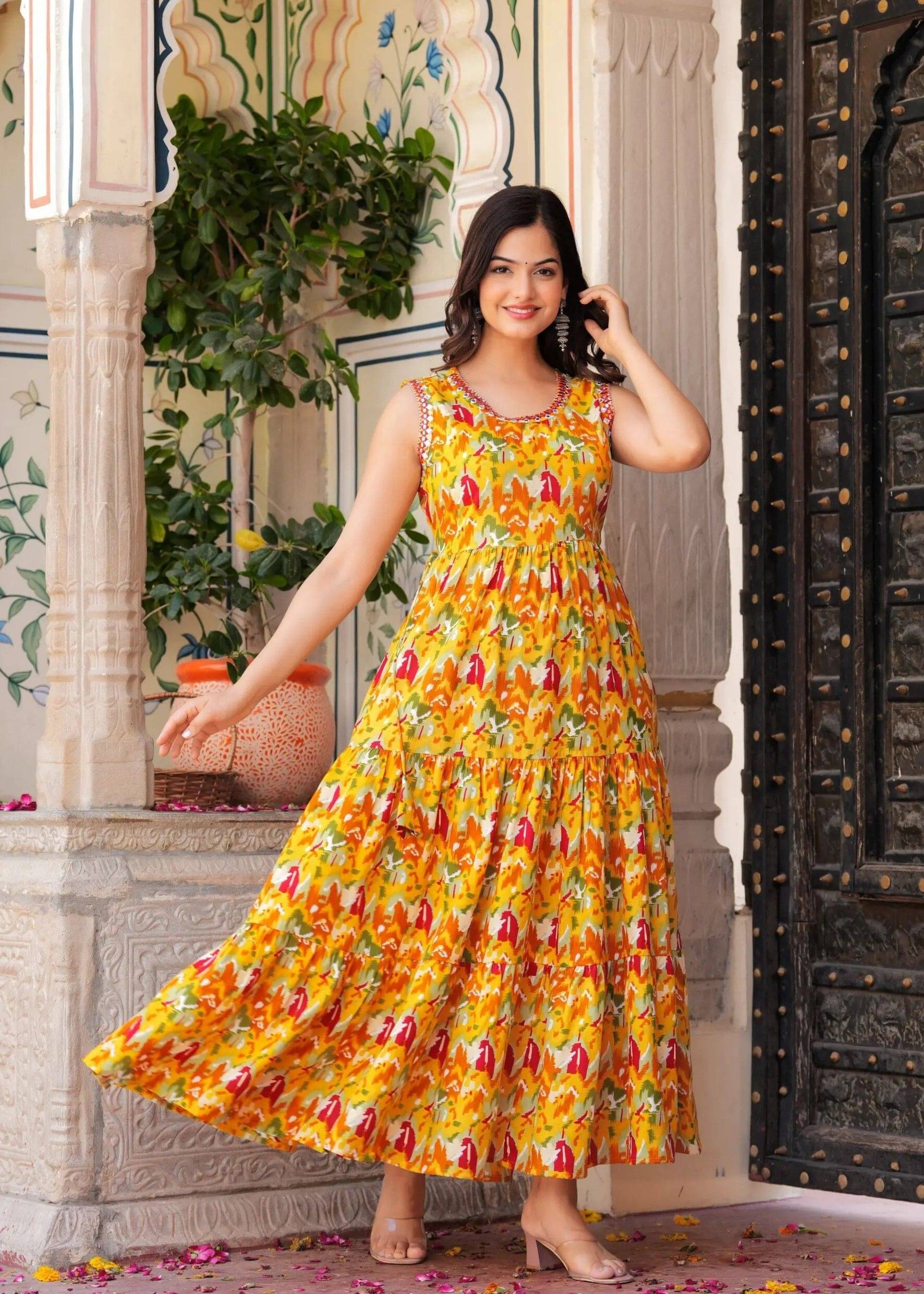 MK creation Women Cotton Blend Printed Gown ( Gold )     			MK creation Women Cotton Blend Printed Gown ( Gold )