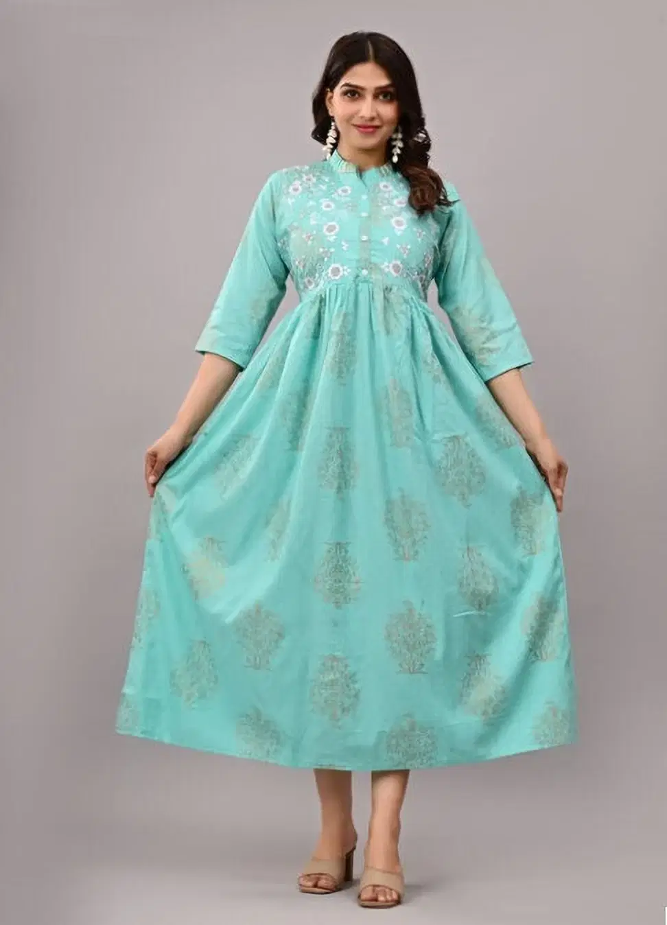 MK creation Women Cotton Blend Printed Gown ( Brown )     			MK creation Women Cotton Blend Printed Gown ( Brown )