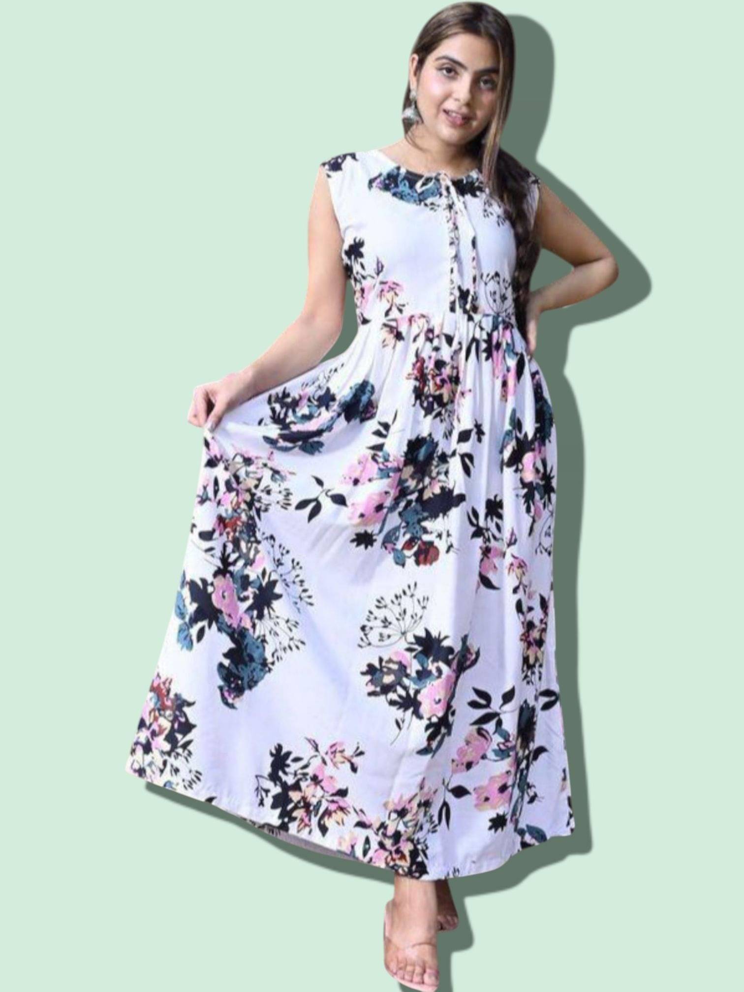 MK creation Women Rayon Printed Gown ( White )     			MK creation Women Rayon Printed Gown ( White )