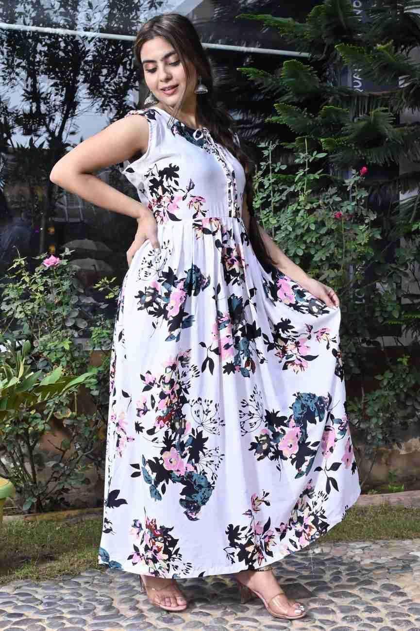 MK creation Women Rayon Printed Gown ( White )     			MK creation Women Rayon Printed Gown ( White )